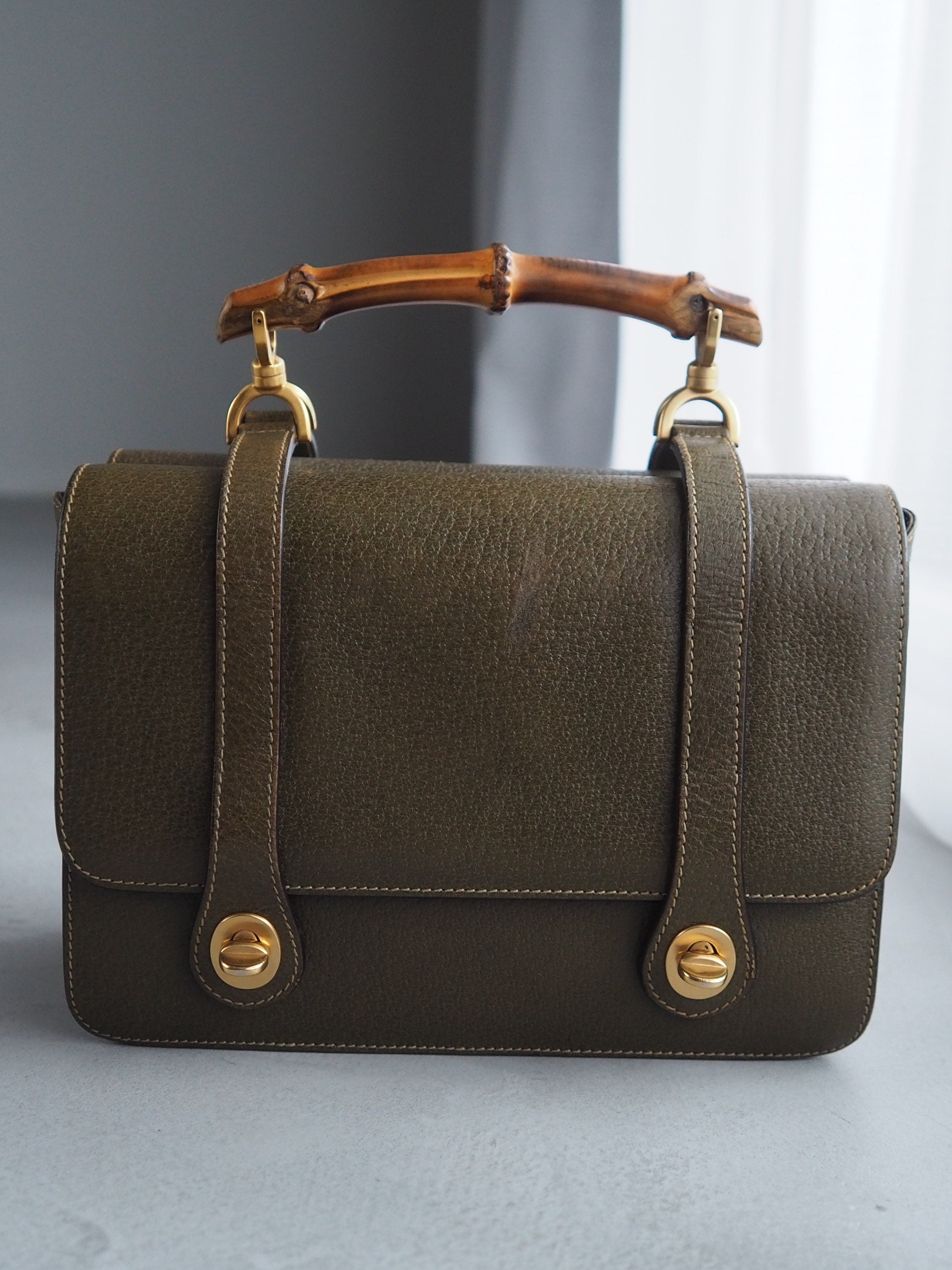 GUCCI Bamboo Lunchbox Double Face Hand Shoulder 2way Bag Khaki Vintage Authentic Very Rare!