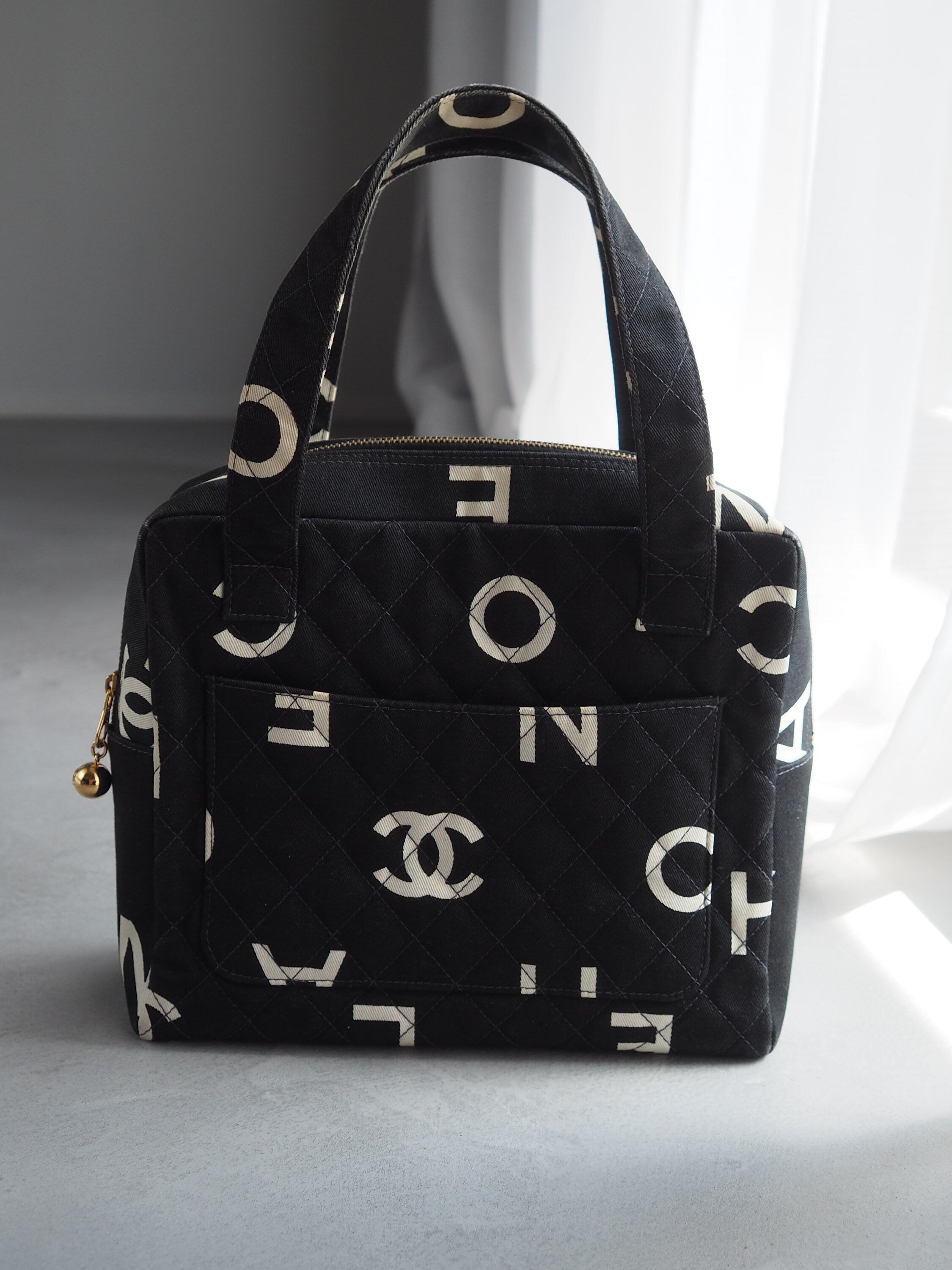 CHANEL COCO Mark Logo Hand Bag Tote Bag Matelasse Cotton Canvas Black Authentic Vintage