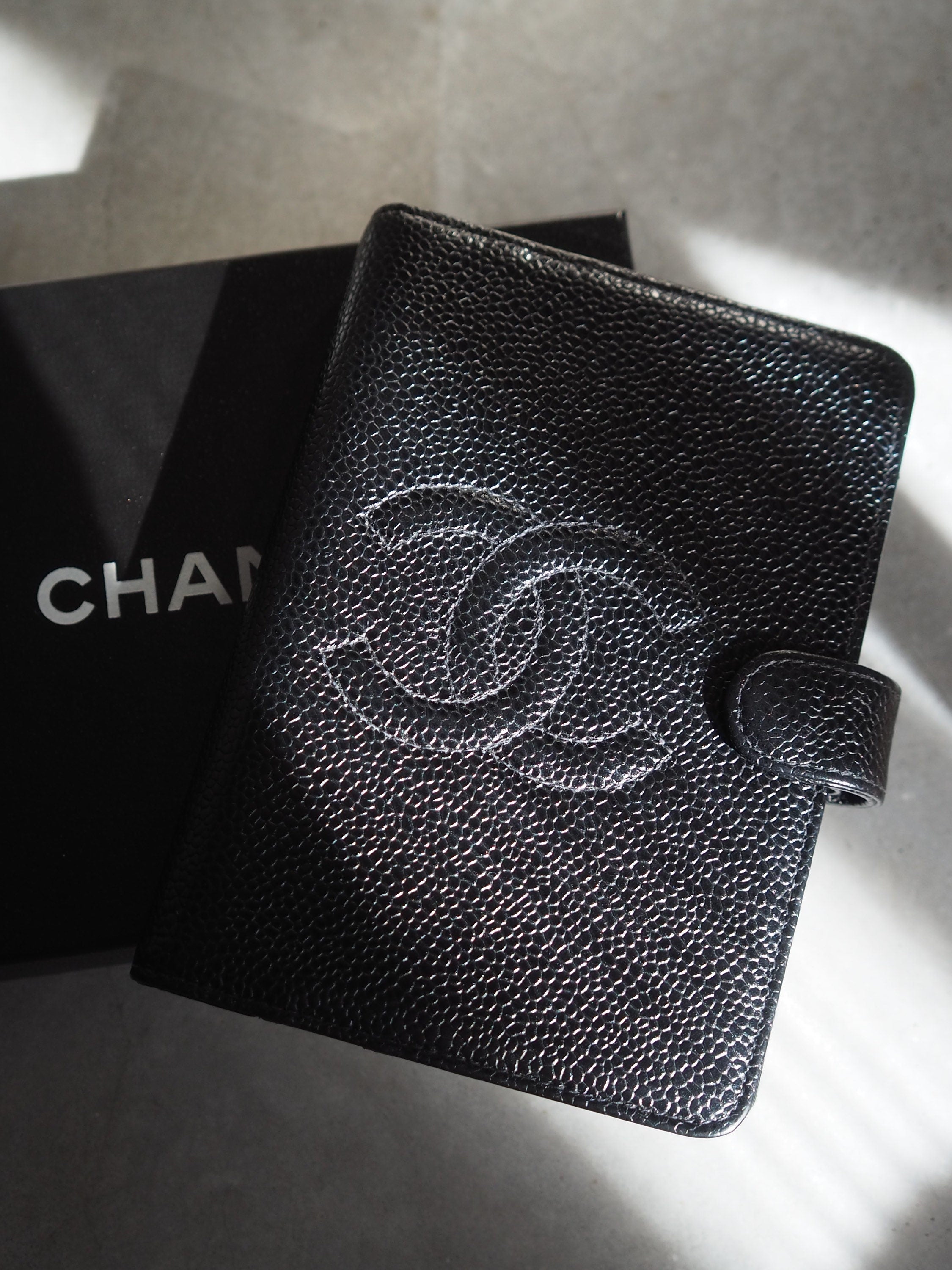 CHANEL COCO Mark Agenda Caviar Skin Leather 6 Ring Diary Black Vintage Box