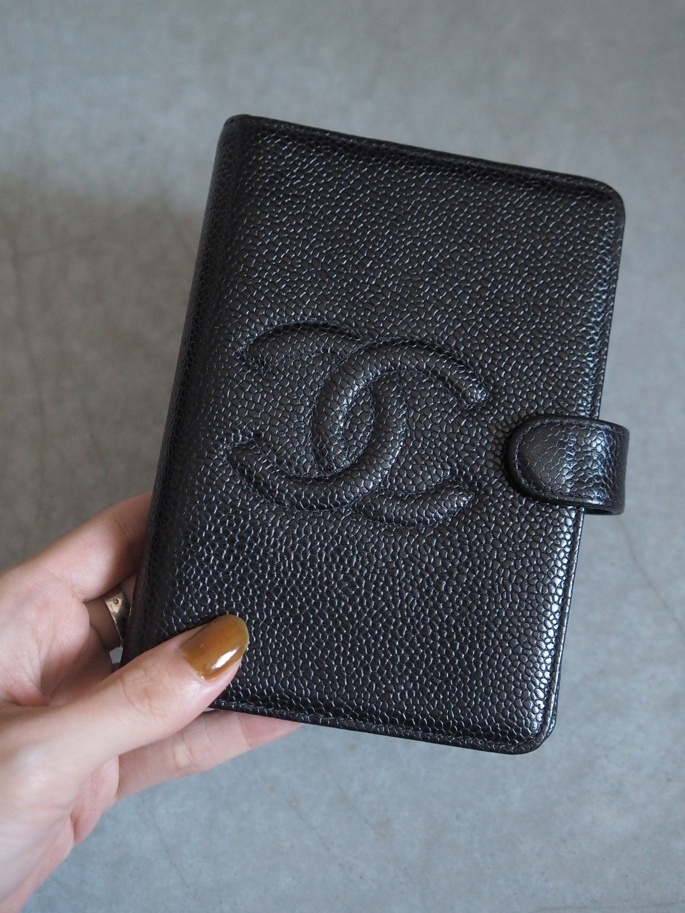 CHANEL COCO Mark Agenda Caviar Skin Leather 6 Ring Diary Black Vintage Box