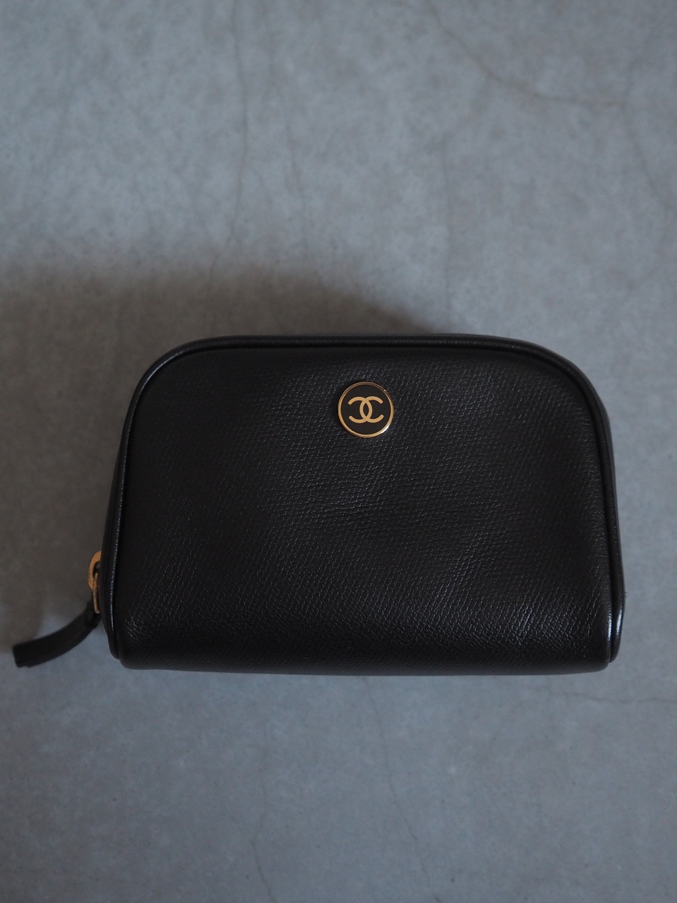 CHANEL COCO Button Pouch Purse Leather Black Authentic Vintage Box
