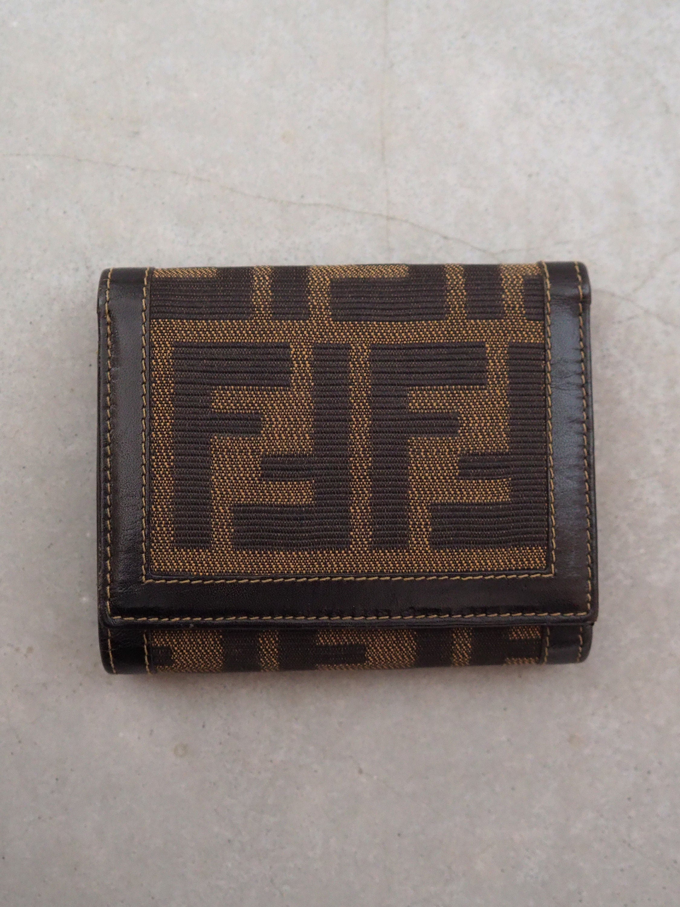 FENDI ZUCCA Compact Wallet Trifold Brown Unisex Vintage Authentic