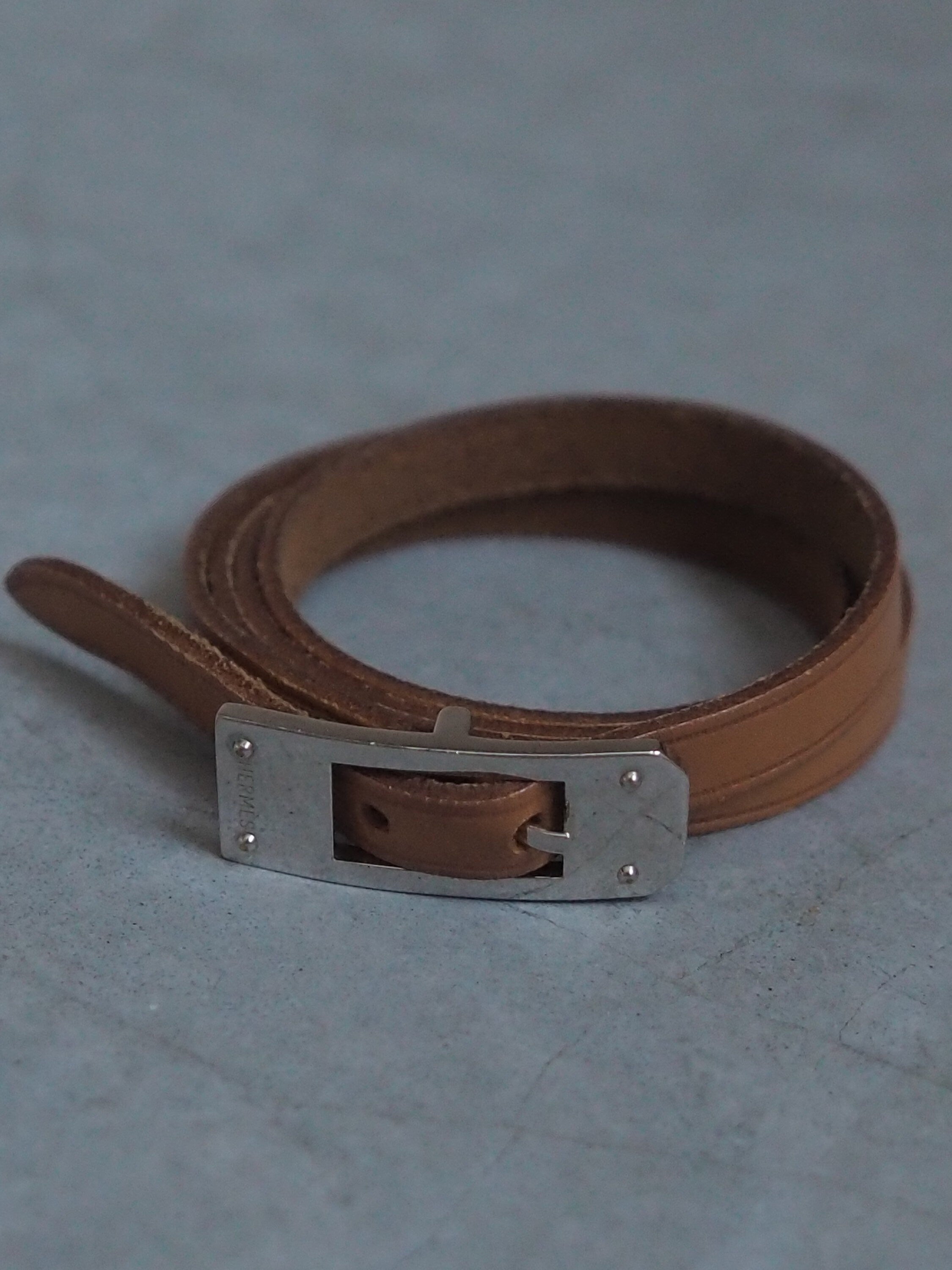 HERMES Leather Api 3 Long Bracelet Hand Band Wristband Brown Silver Metal Vintage Authentic