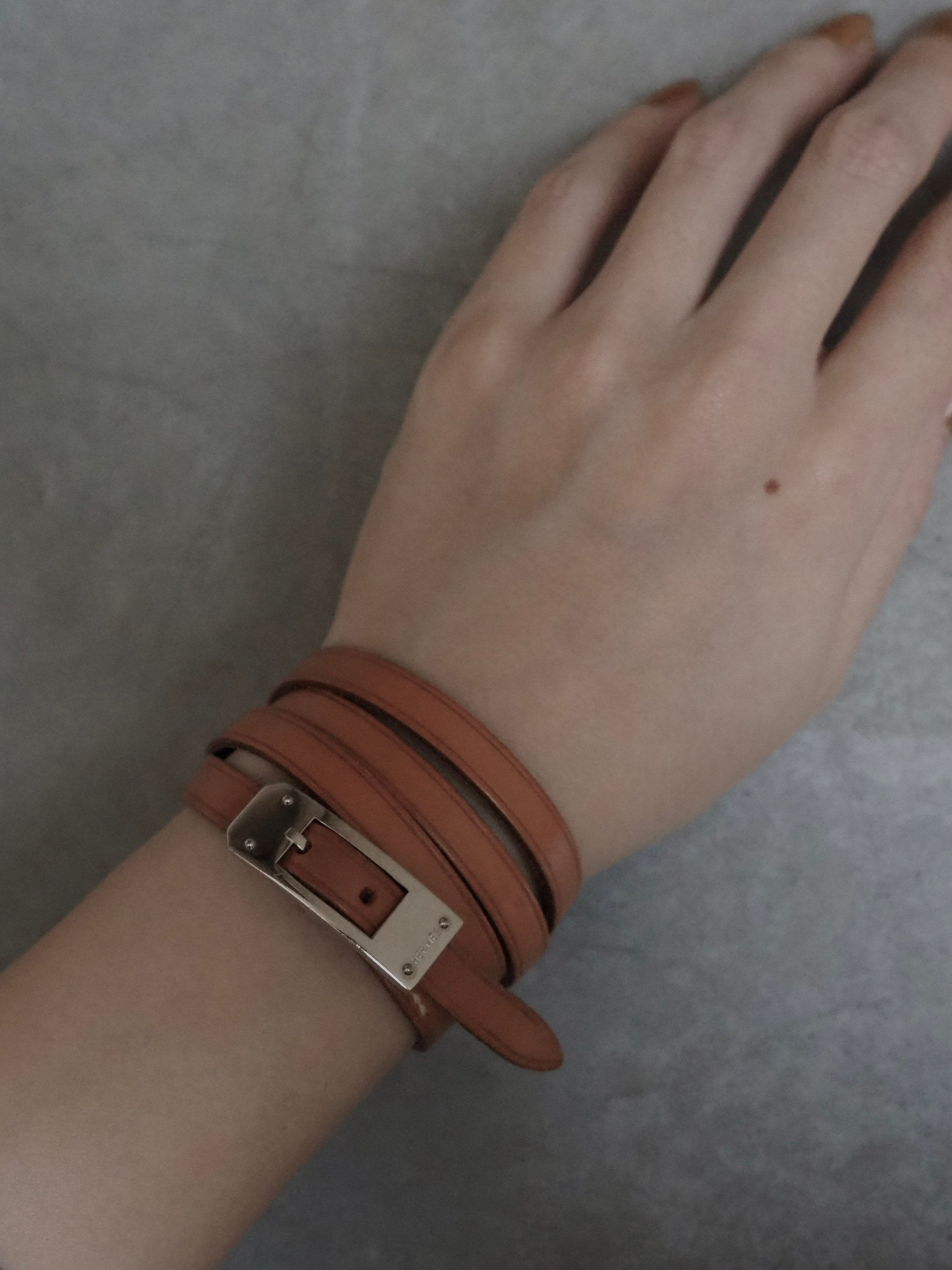 HERMES Leather Api 3 Long Bracelet Hand Band Wristband Brown Silver Metal Vintage Authentic