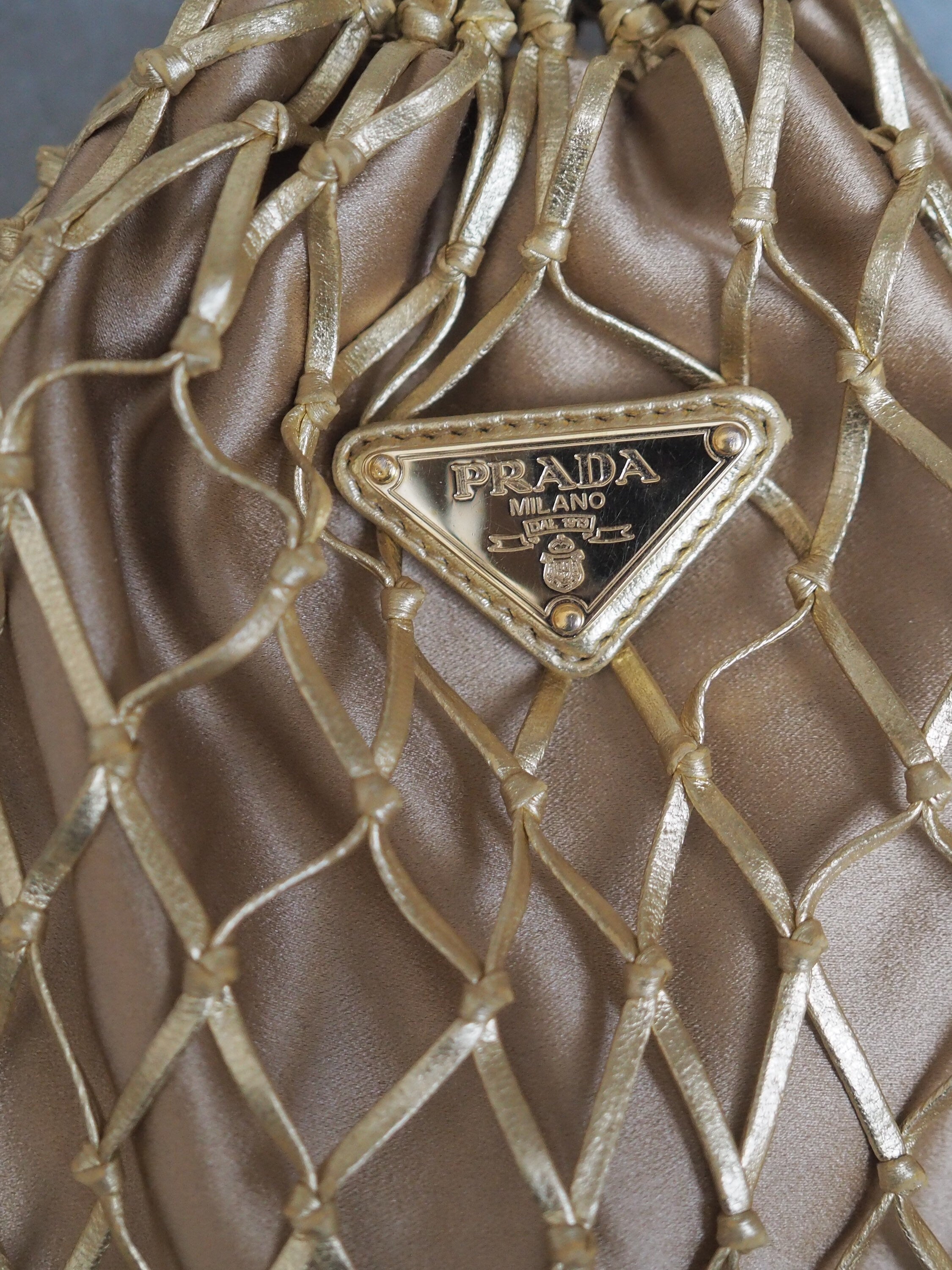 PRADA Metallic Mesh Satin Drawstring Chain Bag Gold Purse Vintage Authentic