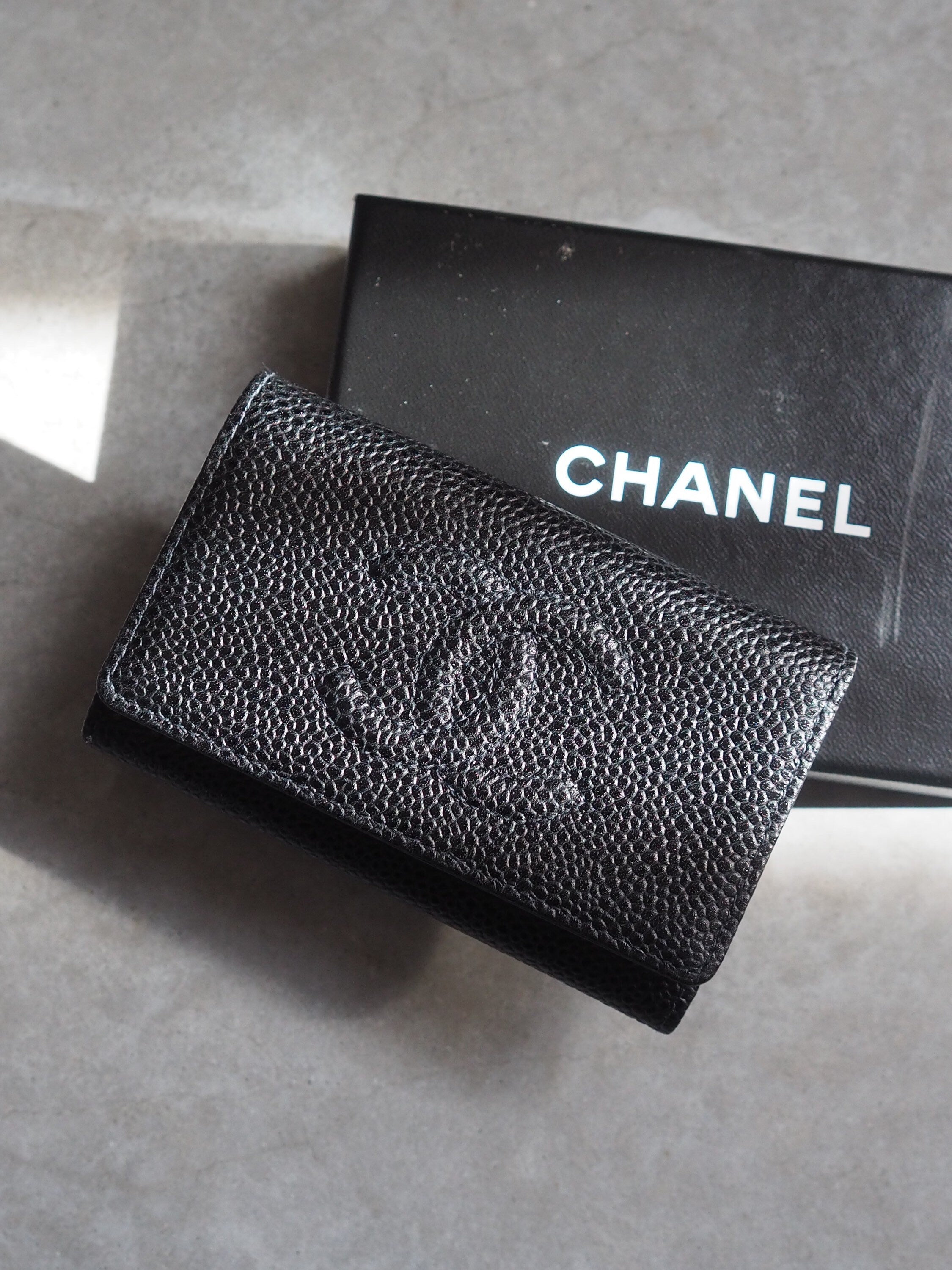 CHANEL COCO Mark Key Case Chain Caviar Skin Leather Black Authentic Vintage Box