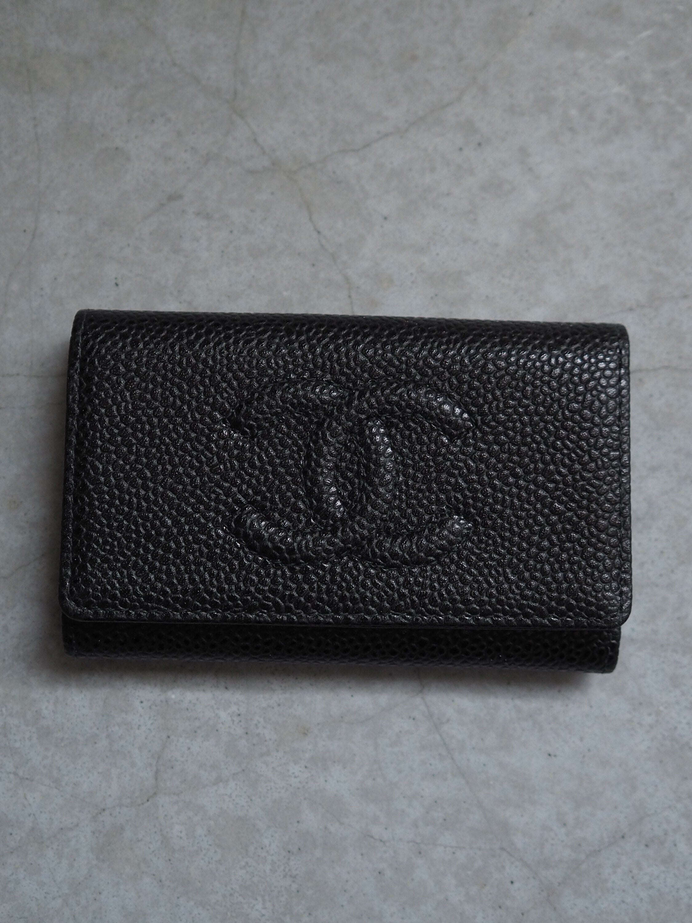 CHANEL COCO Mark Key Case Chain Caviar Skin Leather Black Authentic Vintage Box