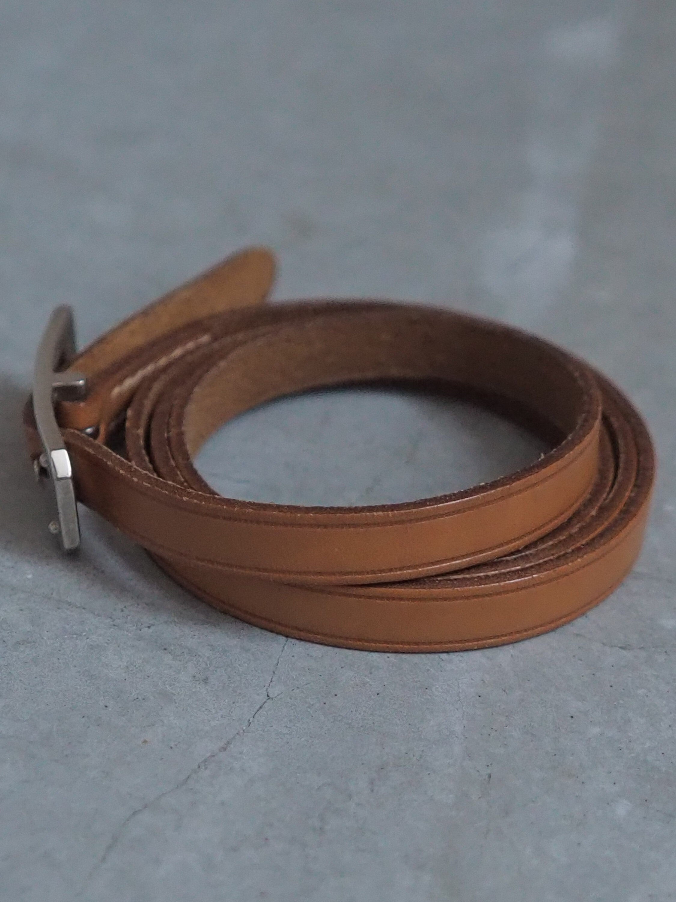 HERMES Leather Api 3 Long Bracelet Hand Band Wristband Brown Silver Metal Vintage Authentic