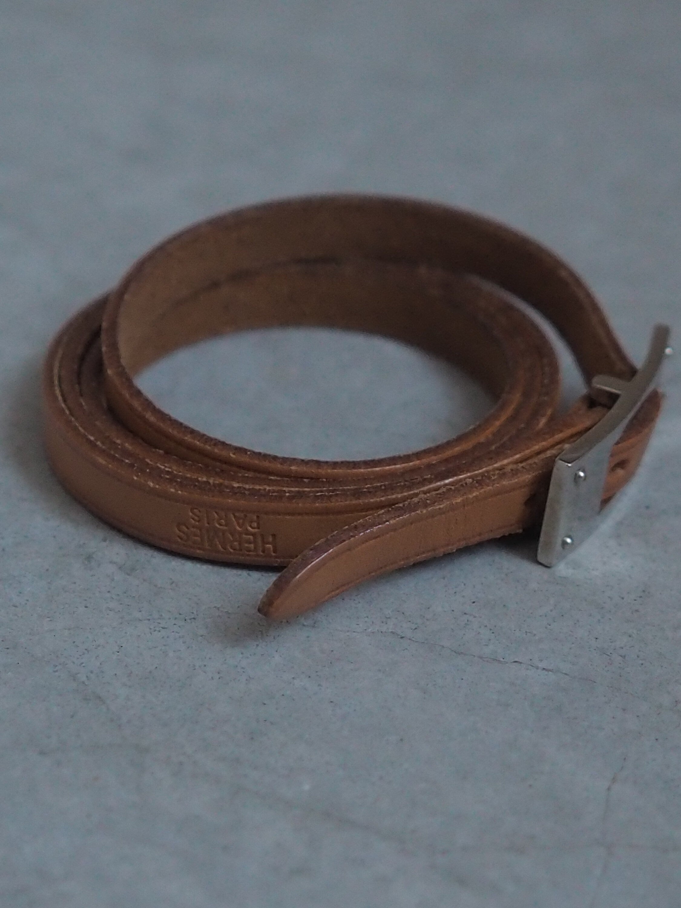 HERMES Leather Api 3 Long Bracelet Hand Band Wristband Brown Silver Metal Vintage Authentic