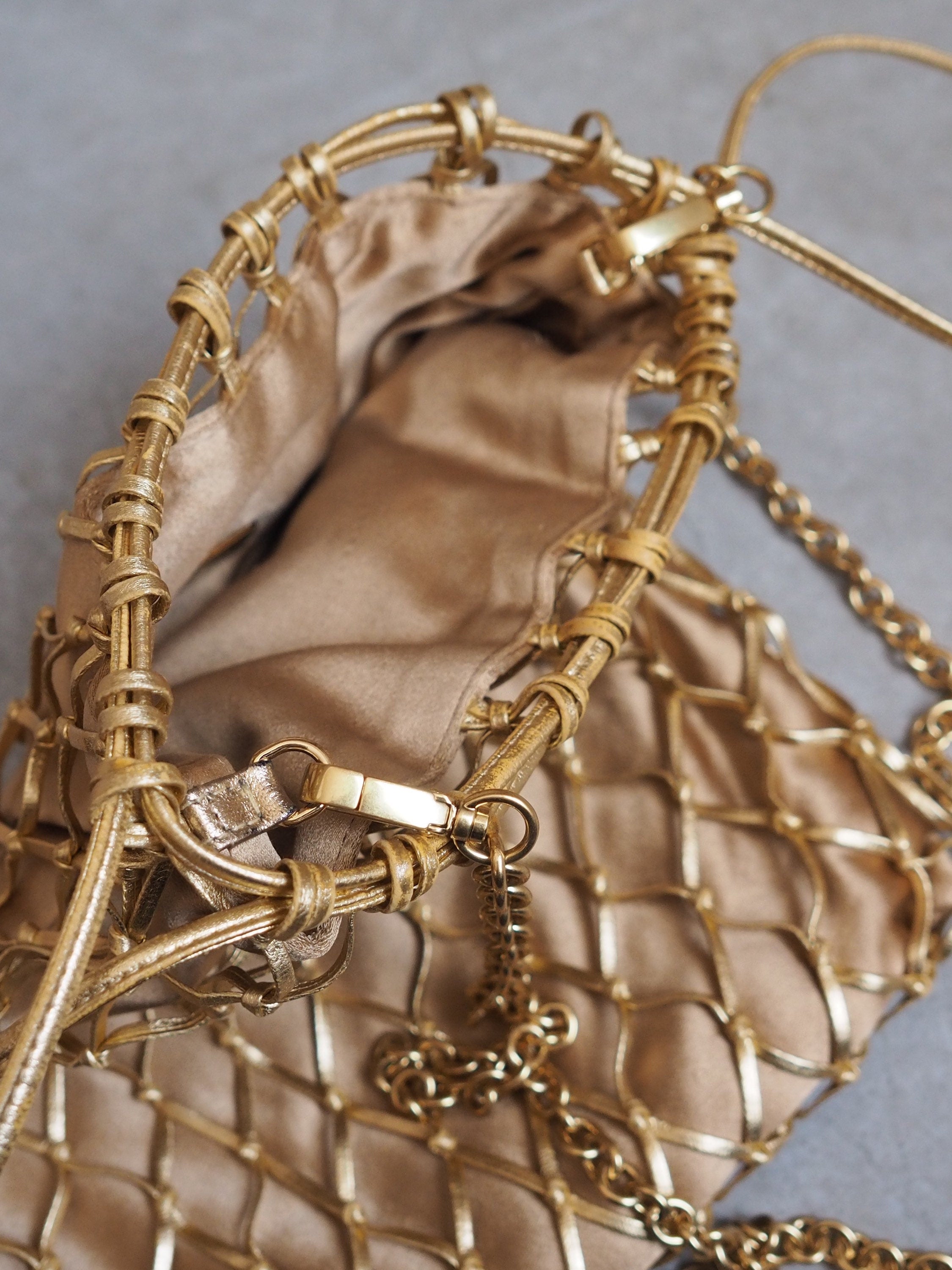 PRADA Metallic Mesh Satin Drawstring Chain Bag Gold Purse Vintage Authentic