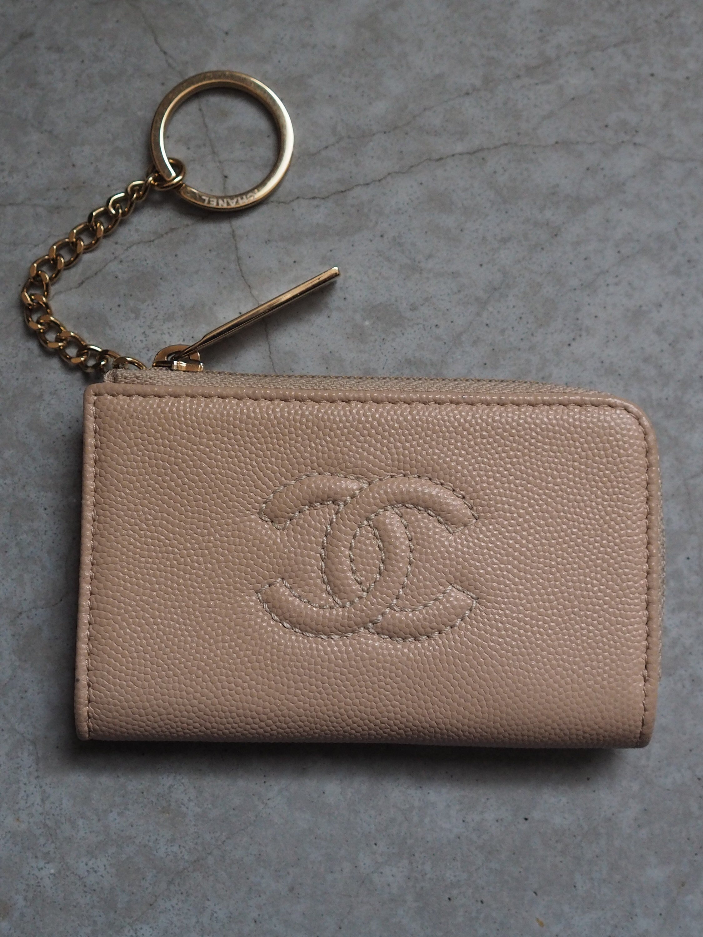 CHANEL COCO Coin Case Purse Key Chain Caviar Skin Leather Pink Beige Authentic Vintage Box