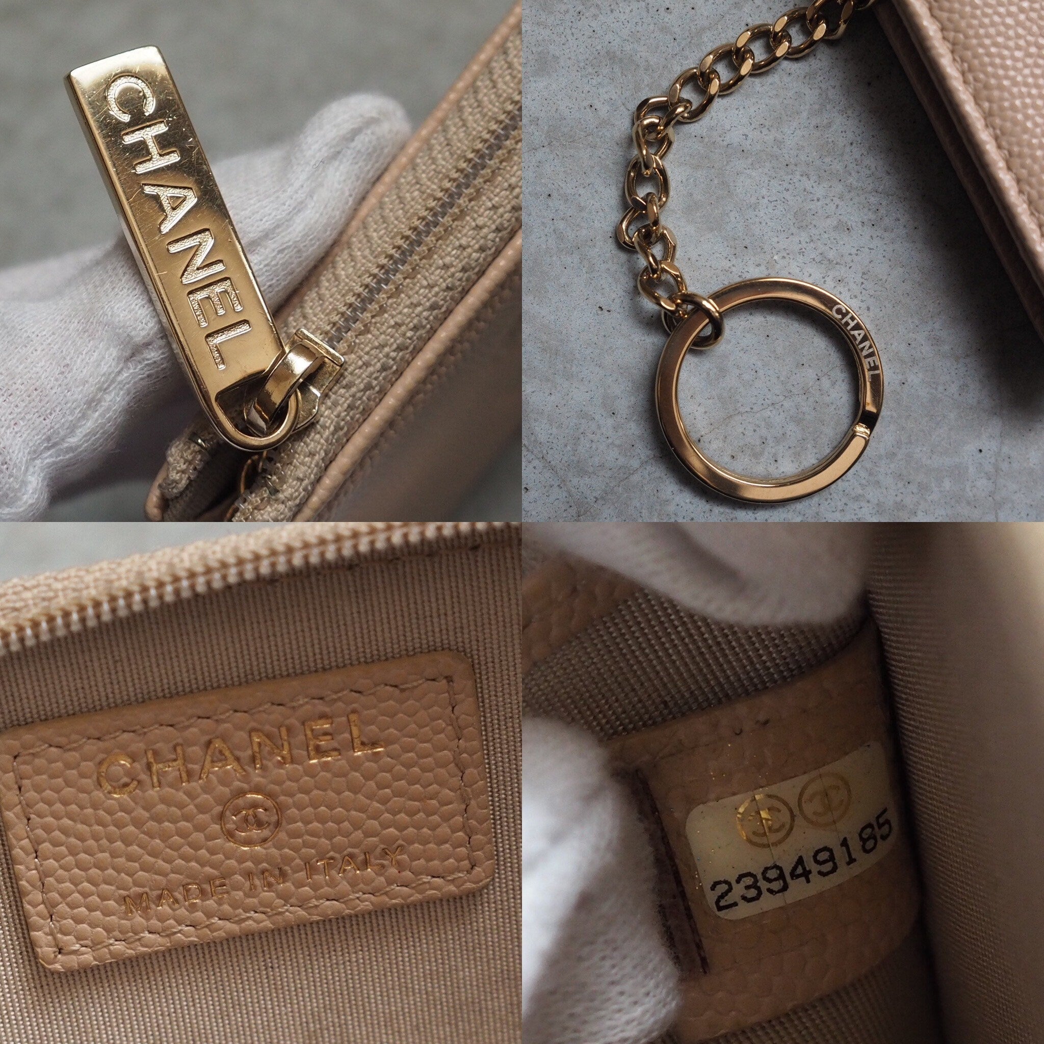 CHANEL COCO Coin Case Purse Key Chain Caviar Skin Leather Pink Beige Authentic Vintage Box