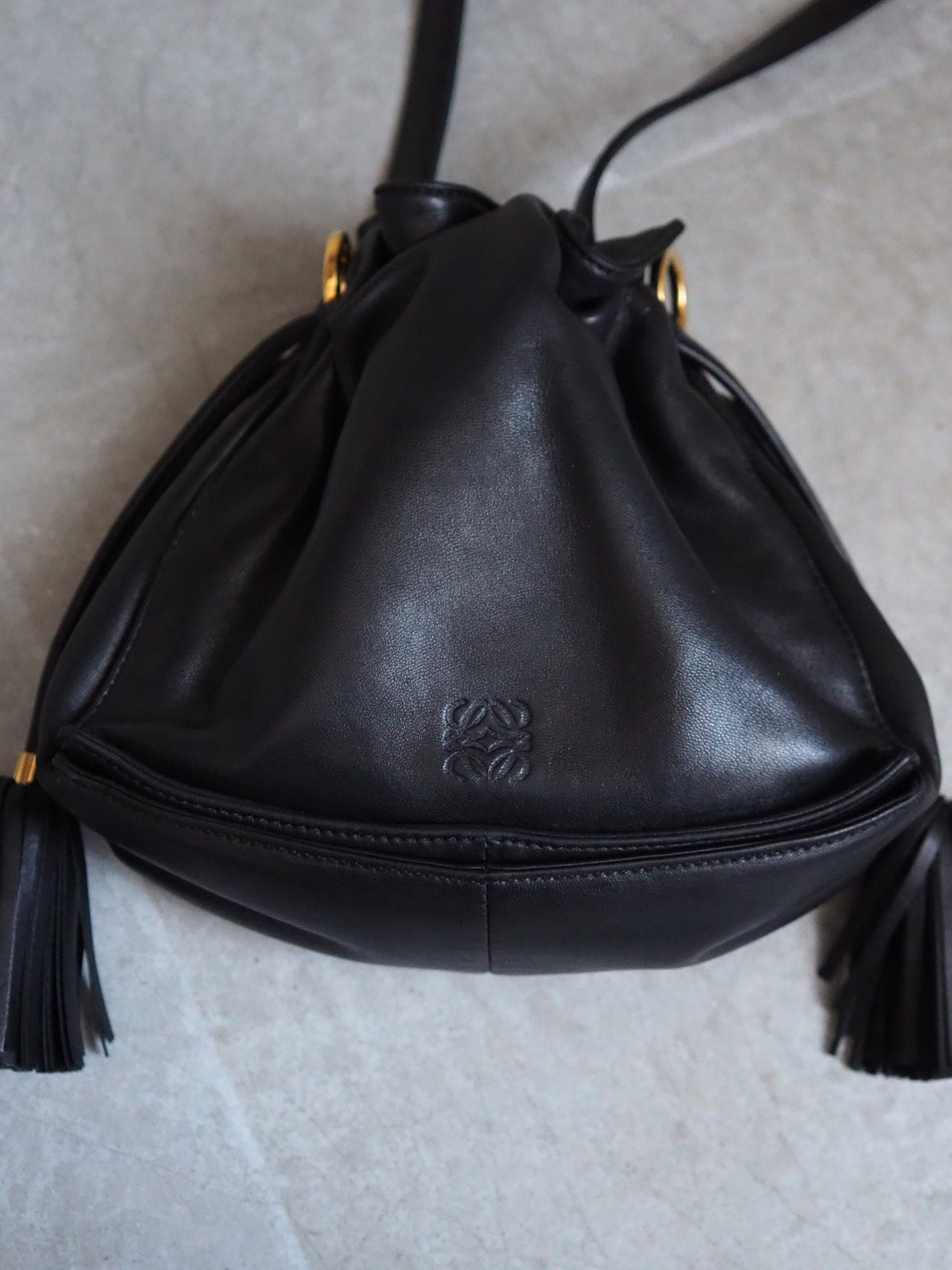 LOEWE Flamenco Anagram Shoulder bag Black Leather Vintage Authentic