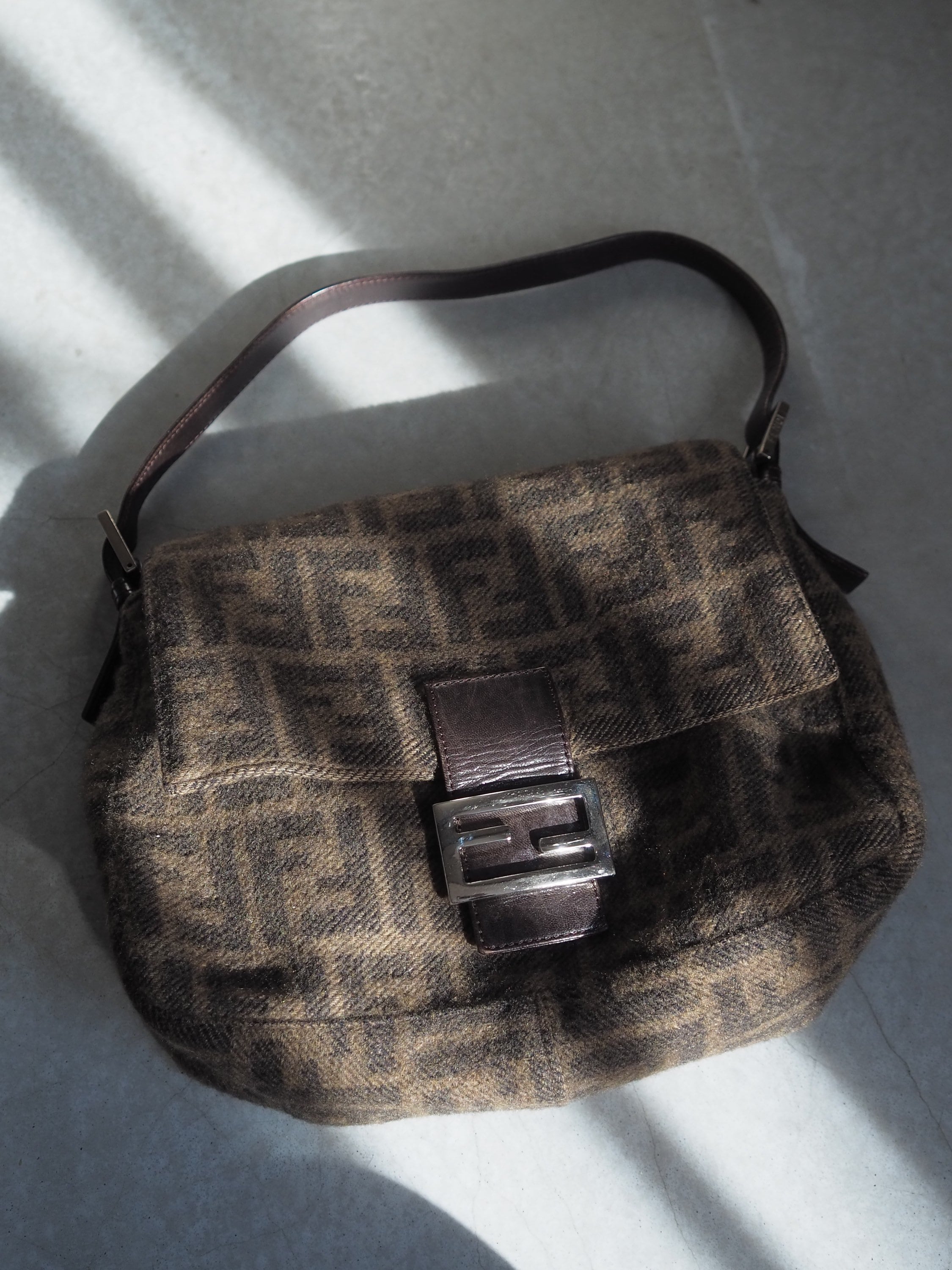 FENDI ZUCCA Mamma bucket Bag Wool Leather Brown Vintage Authentic