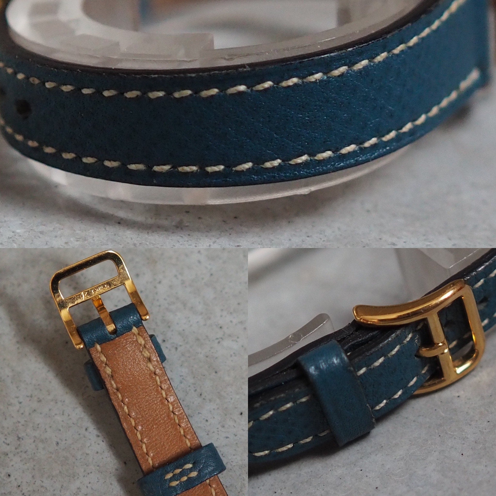 HERMES Meteor Watch Quartz Gold Silver Dial Blue Leather Ladies Wristwatch Vintage Authentic