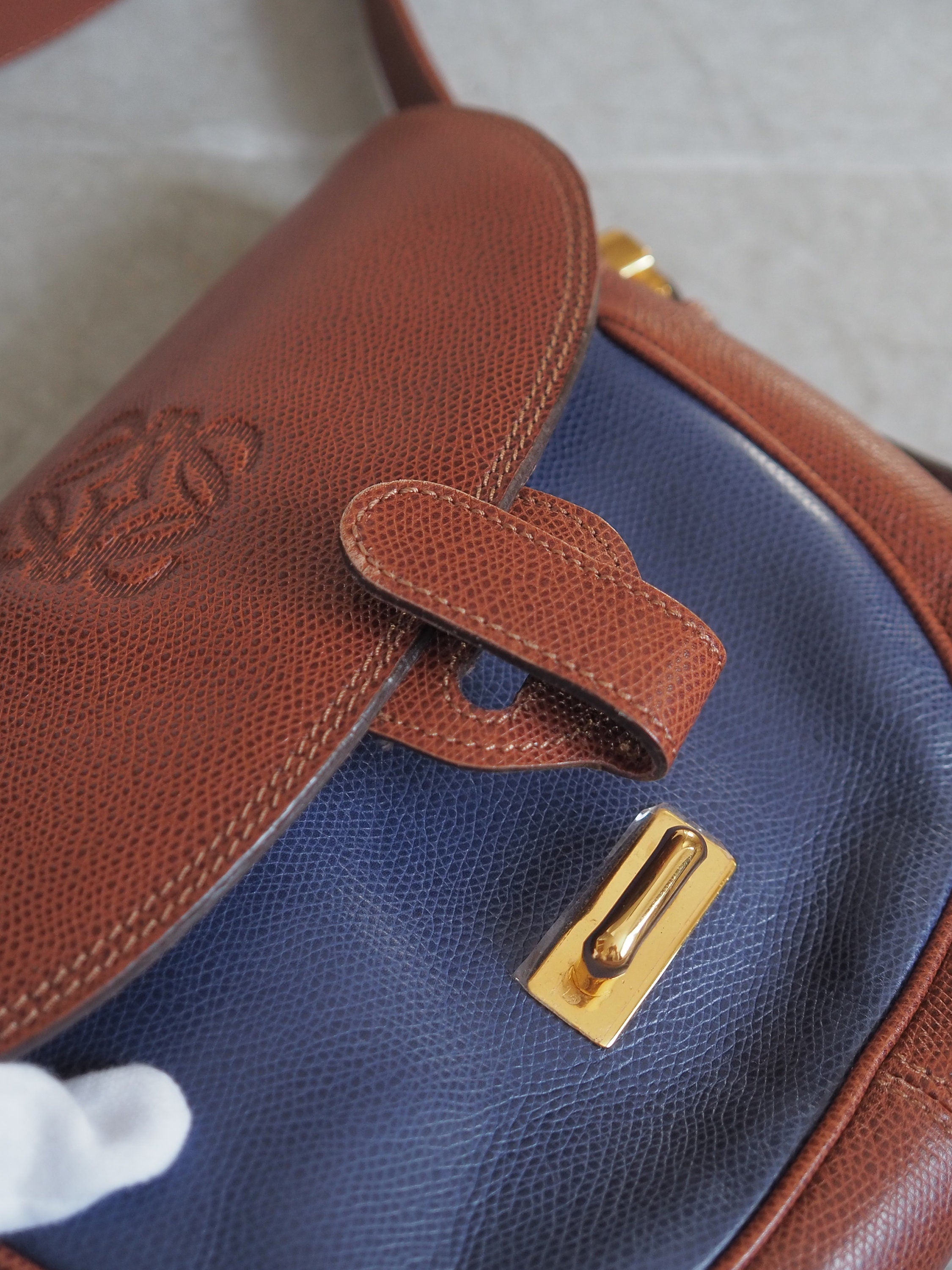 LOEWE Anagram Shoulder Bag Brown Blue Leather Vintage Authentic