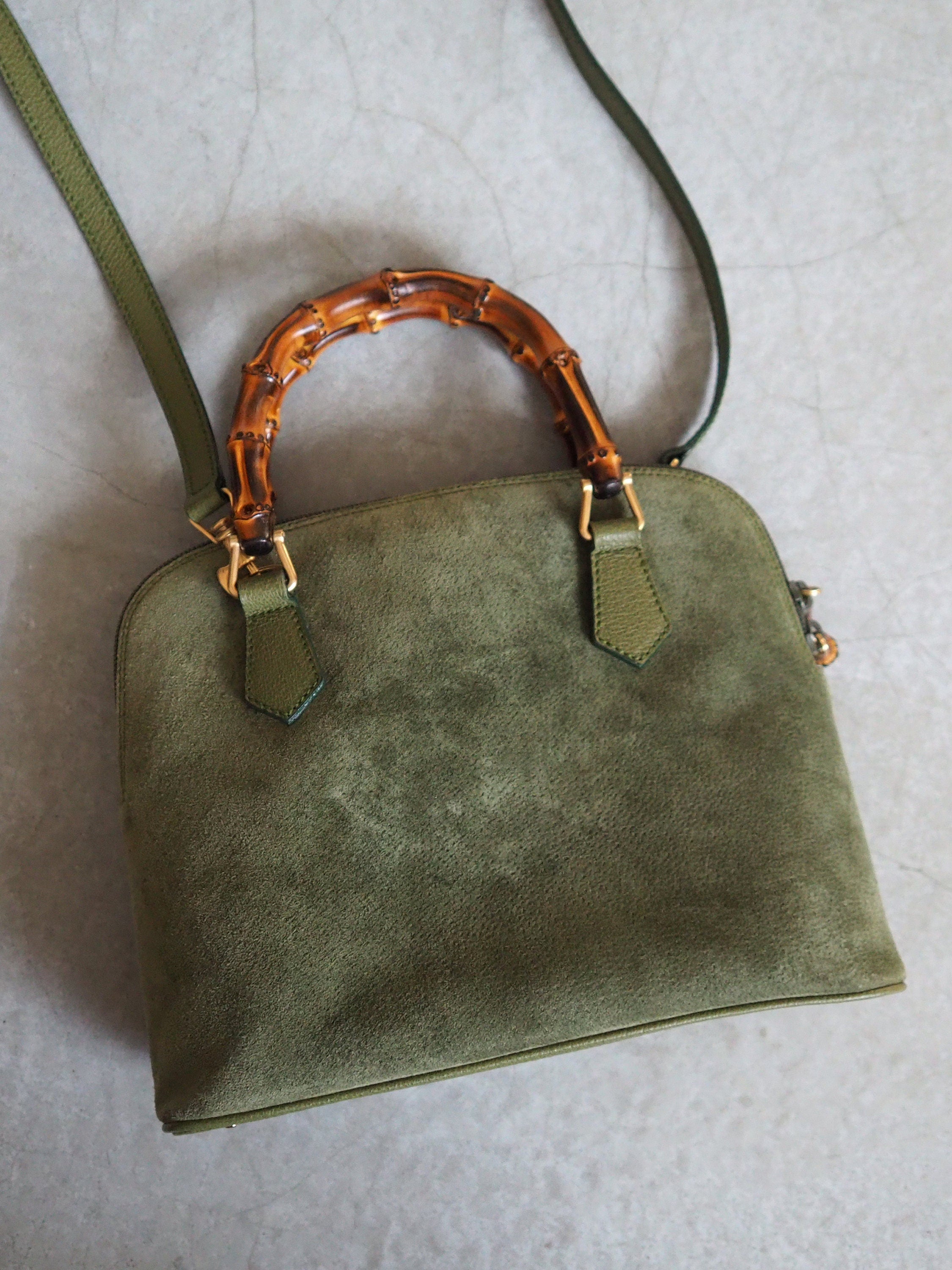 GUCCI Bamboo Hand Shoulder 2way Bag Suede Green Vintage Authentic