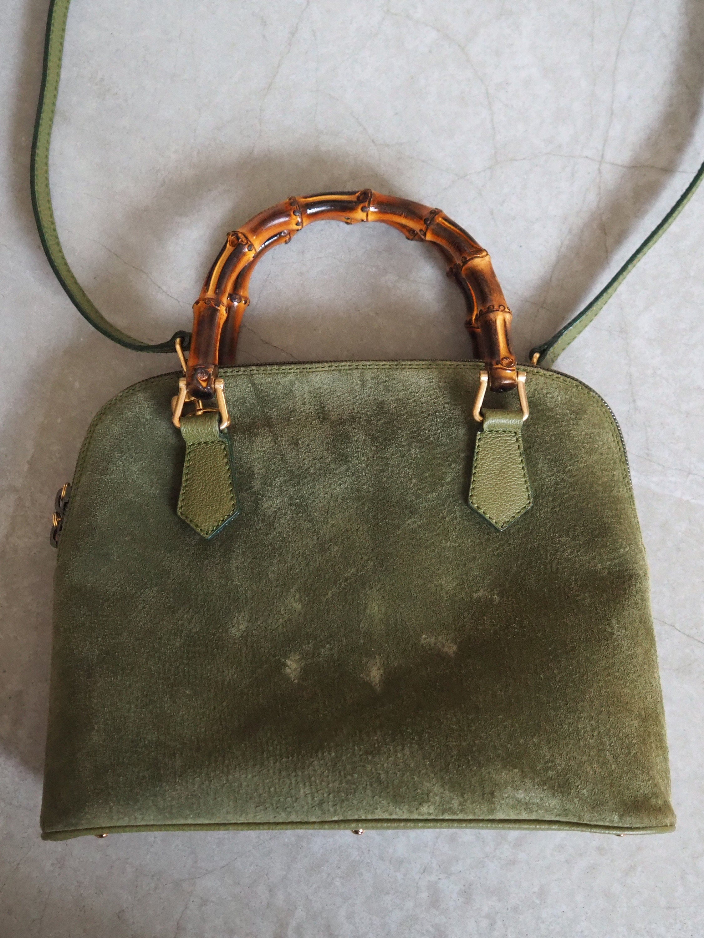 GUCCI Bamboo Hand Shoulder 2way Bag Suede Green Vintage Authentic