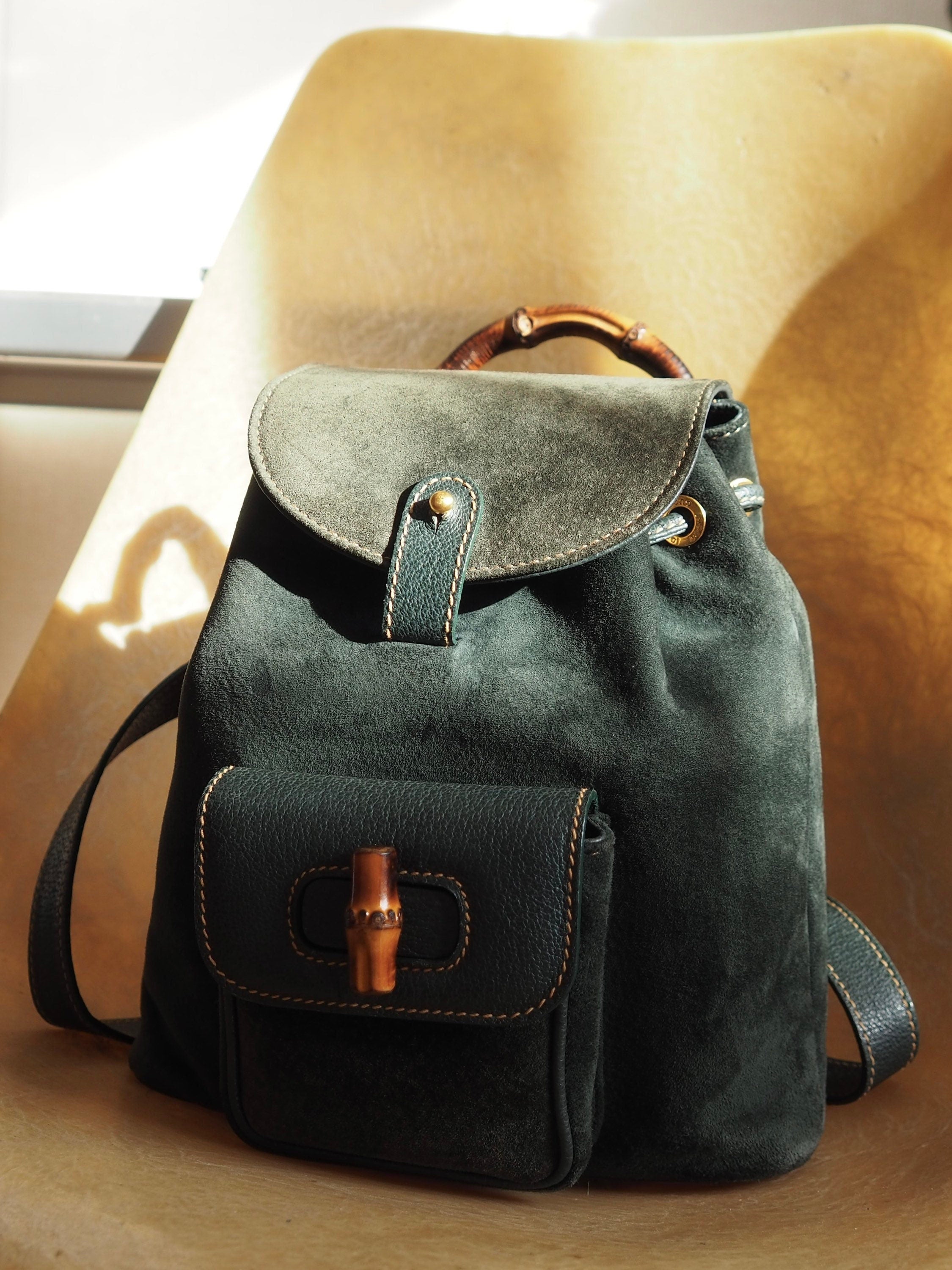 GUCCI Bamboo Backpack Bag Suede Green Vintage Authentic