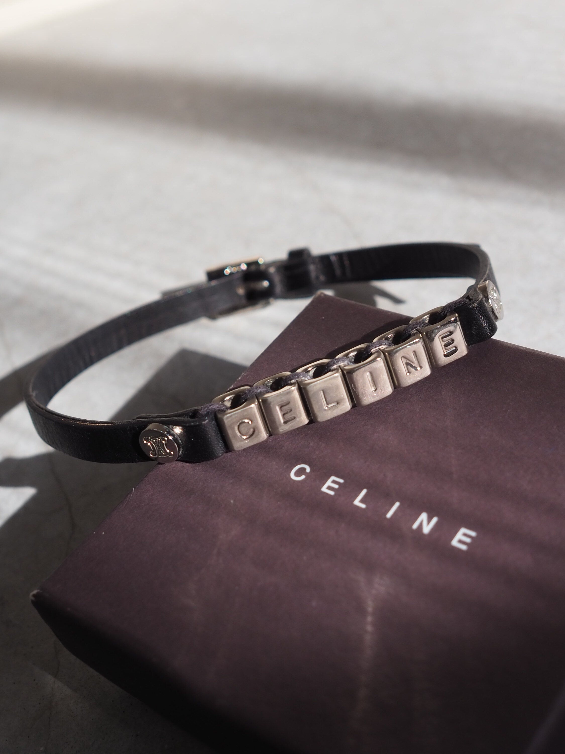 CELINE Macadam Cube Logo Necklace Choker Bracelet Vintage Metal Gold Color Authentic