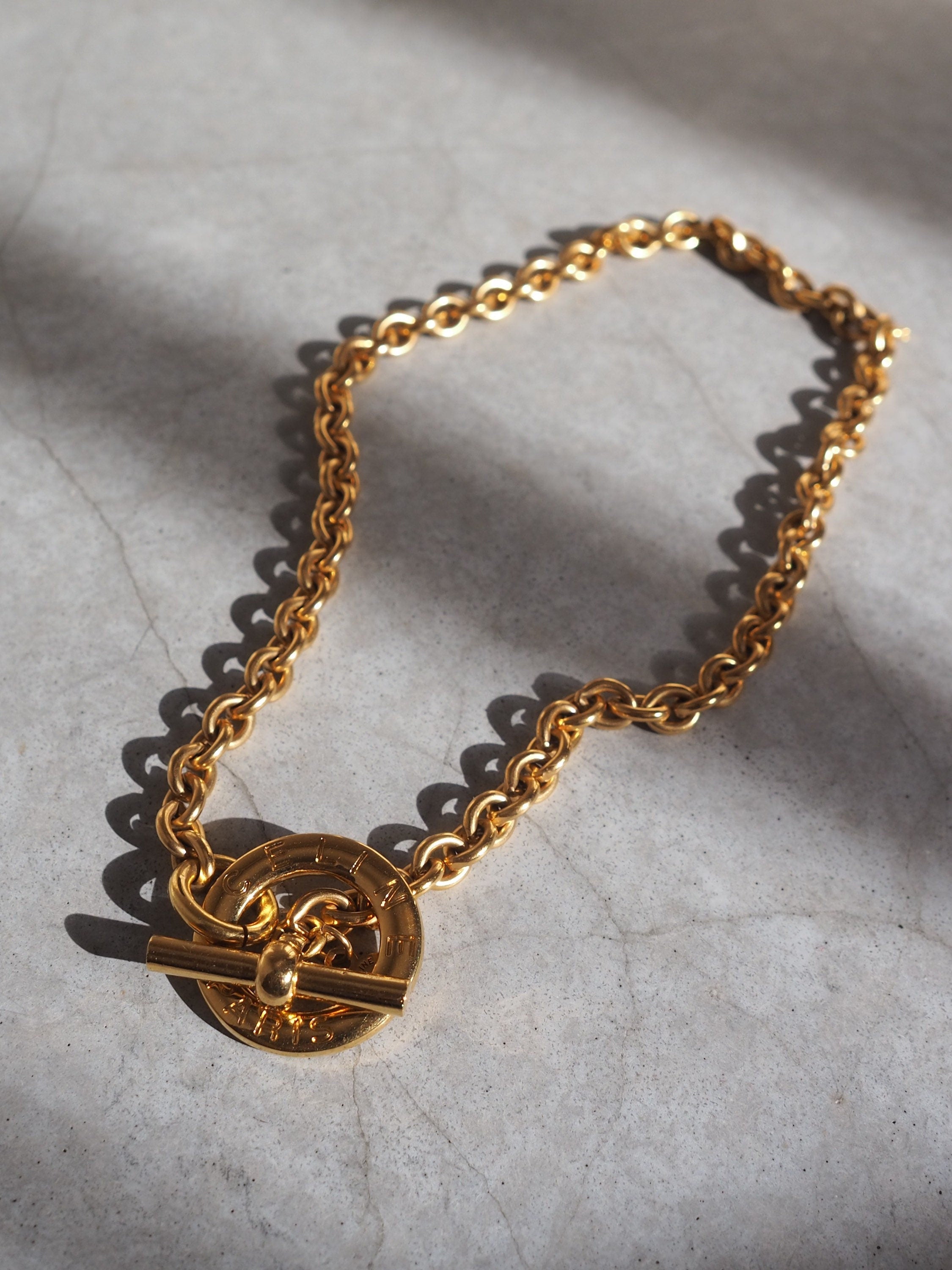 CELINE Circle Necklace Choker Vintage Metal Gold Color Authentic