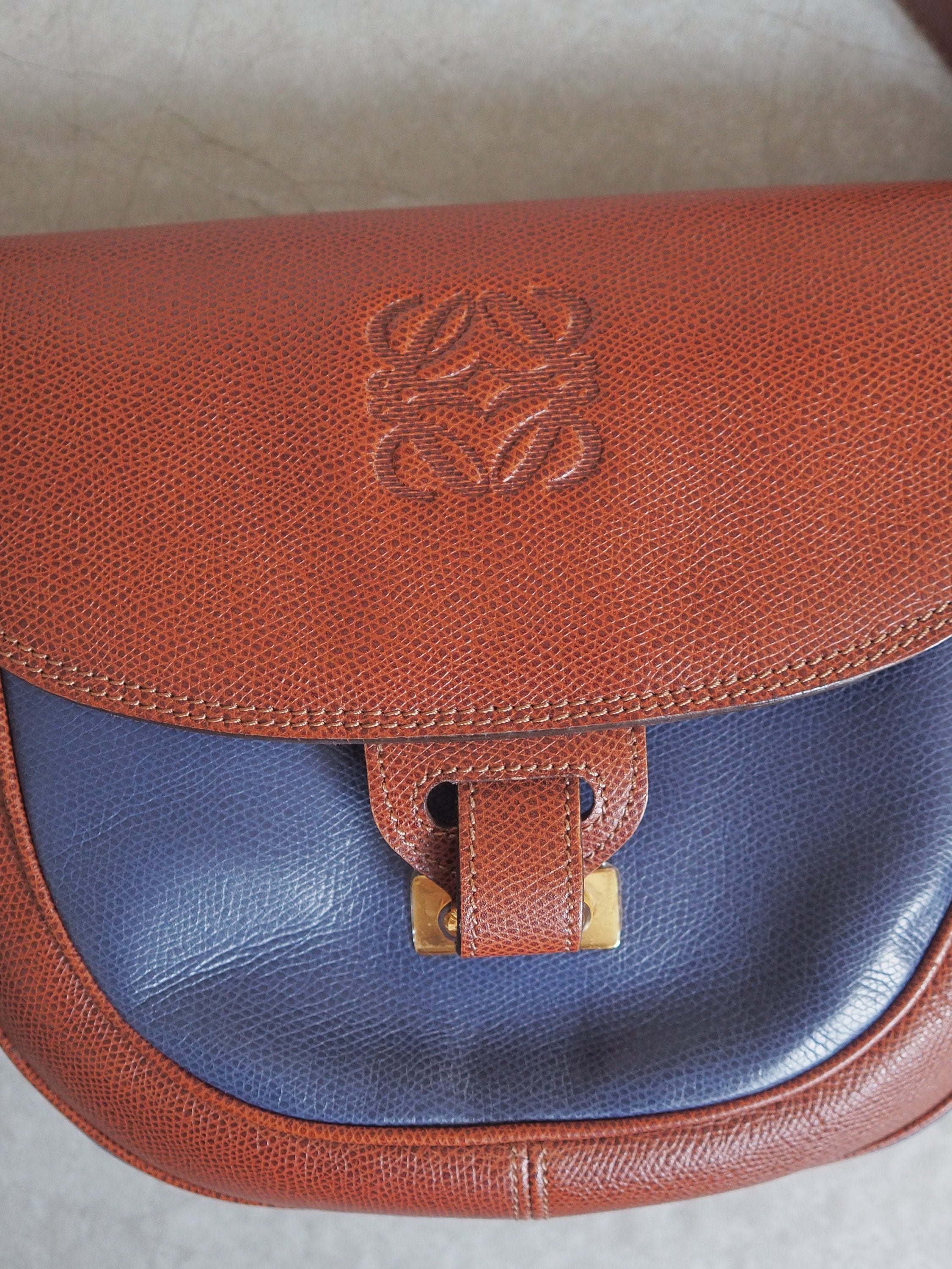 LOEWE Anagram Shoulder Bag Brown Blue Leather Vintage Authentic