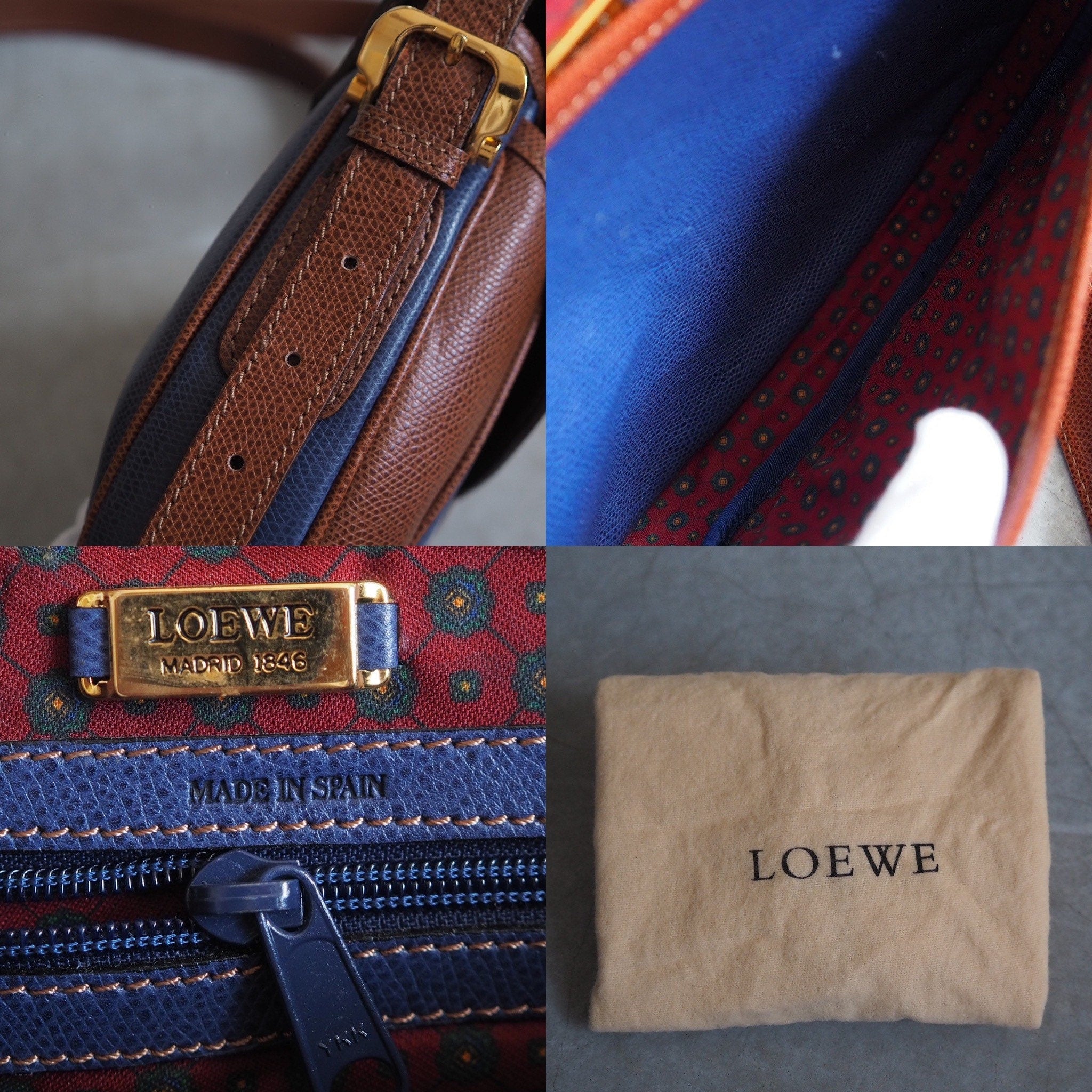 LOEWE Anagram Shoulder Bag Brown Blue Leather Vintage Authentic