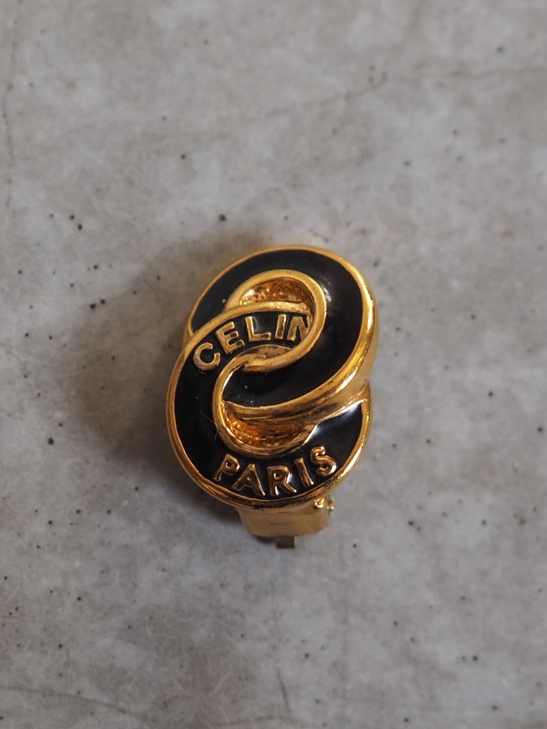 CELINE Circle Logo Earrings Metal Gold Black Vintage Authentic