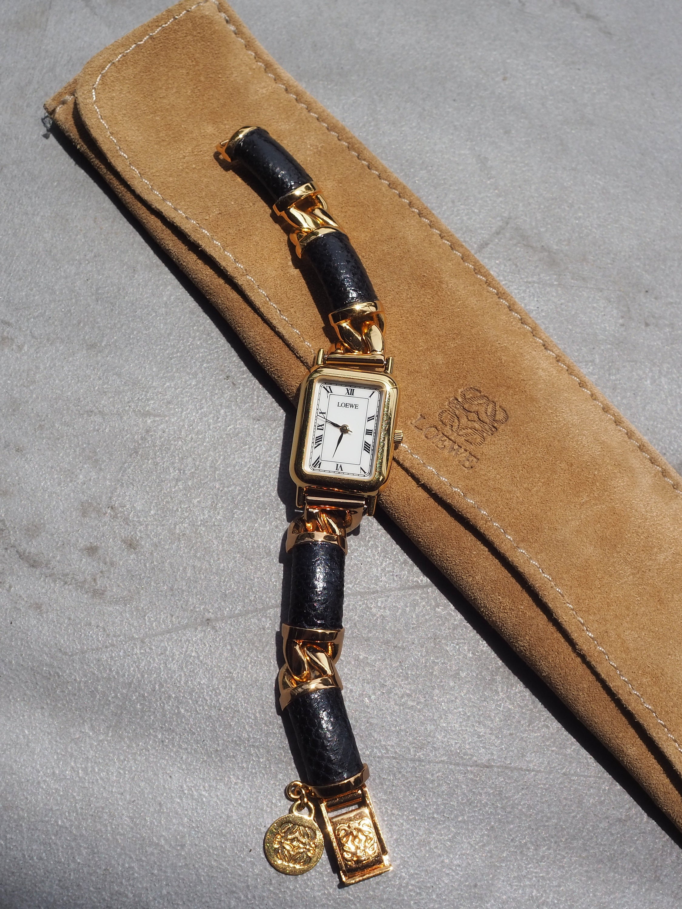 LOEWE Watch Wristwatch 150th Anniversary Gold Metal Steel Black Leather Quartz Vintage Authentic