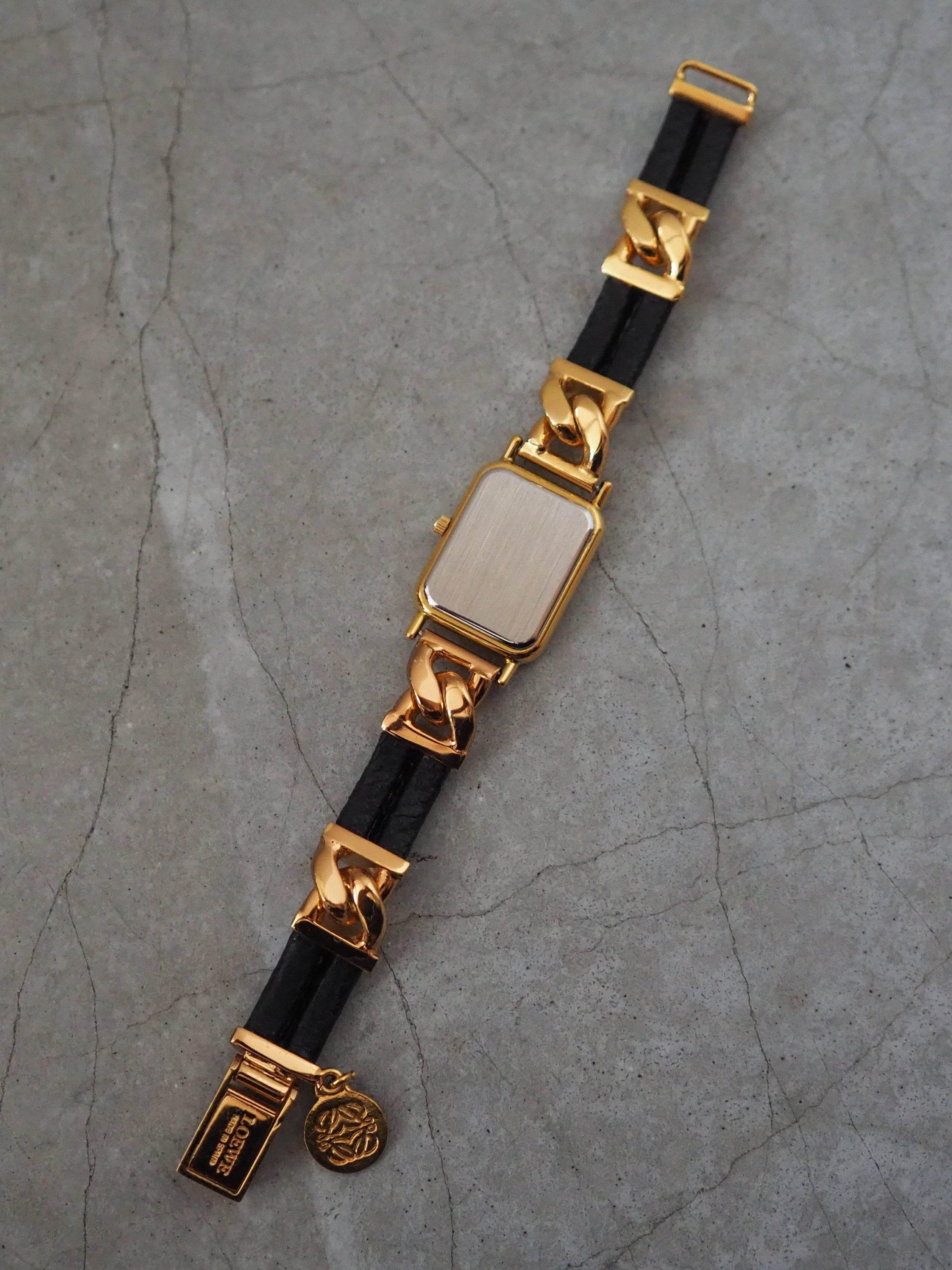 LOEWE Watch Wristwatch 150th Anniversary Gold Metal Steel Black Leather Quartz Vintage Authentic