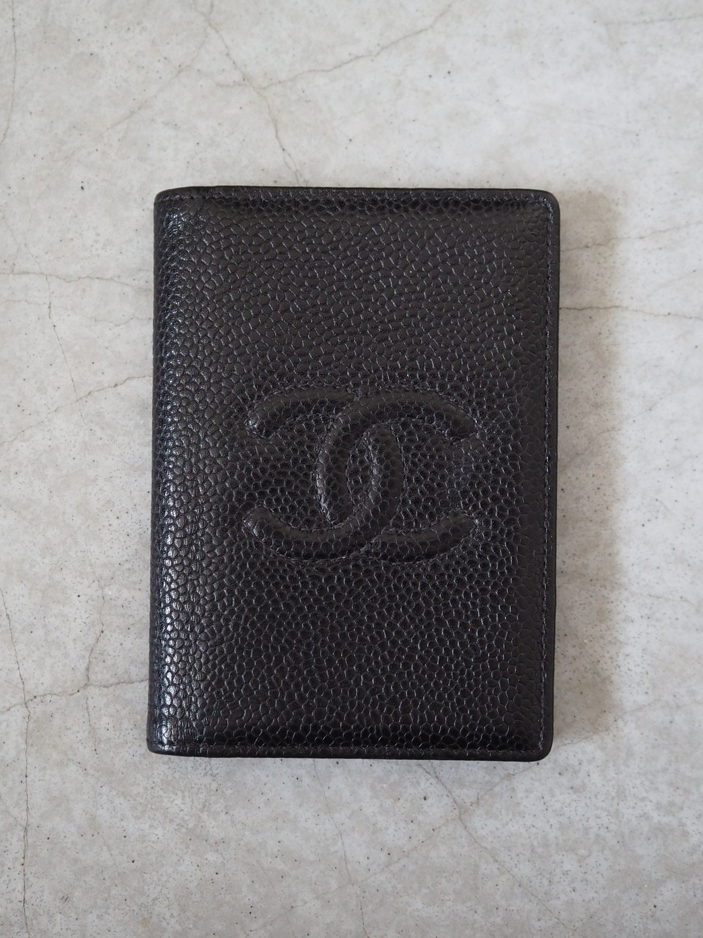 CHANEL Card Case  Purse Caviar Skin CC Leather Black Authentic Vintage