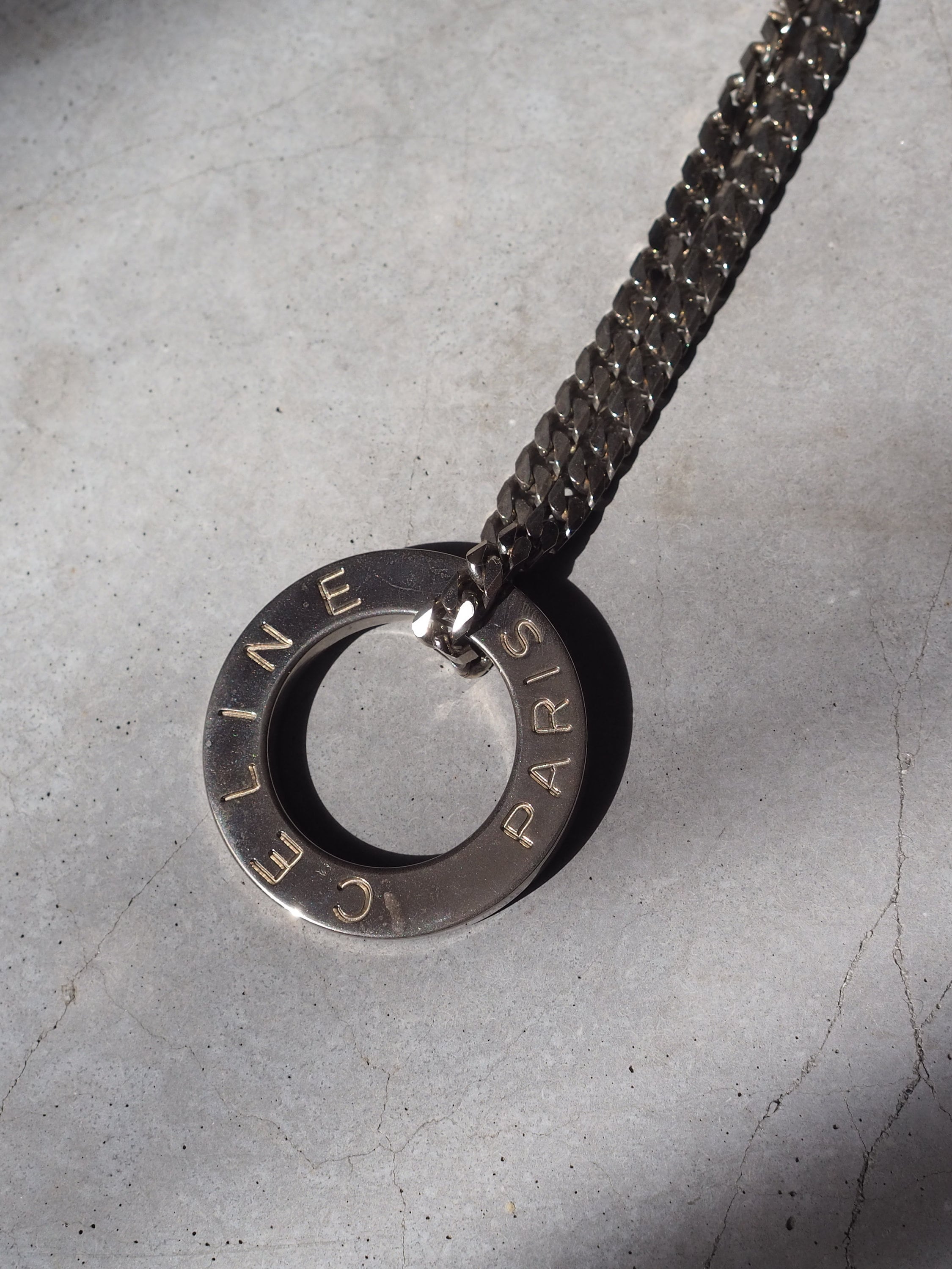 CELINE Circle Long Necklace Vintage Metal Silver Color Authentic