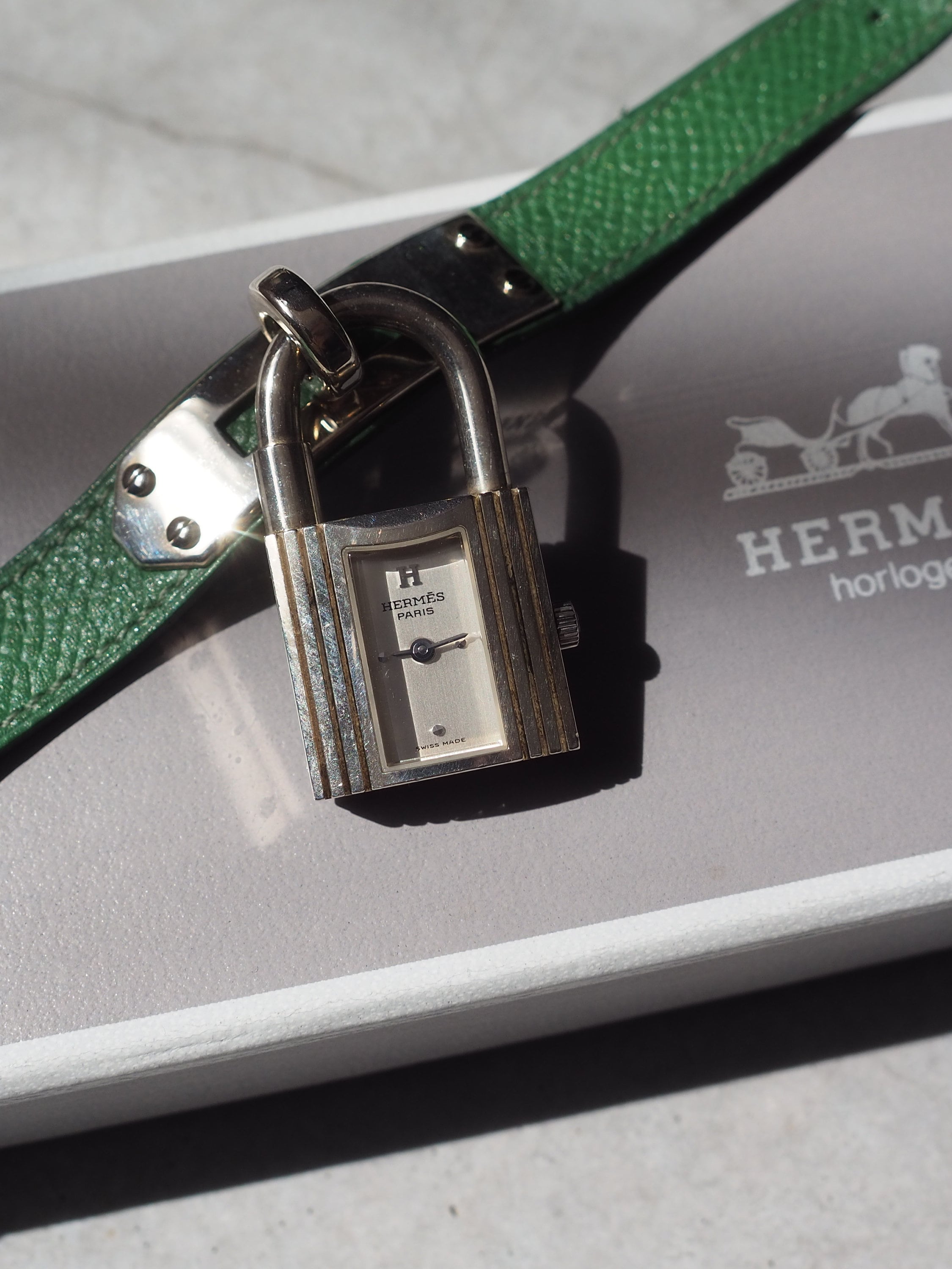 HERMES KELLY Watch Quartz Silver 925 Dial Green Leather Ladies Wristwatch Vintage Authentic