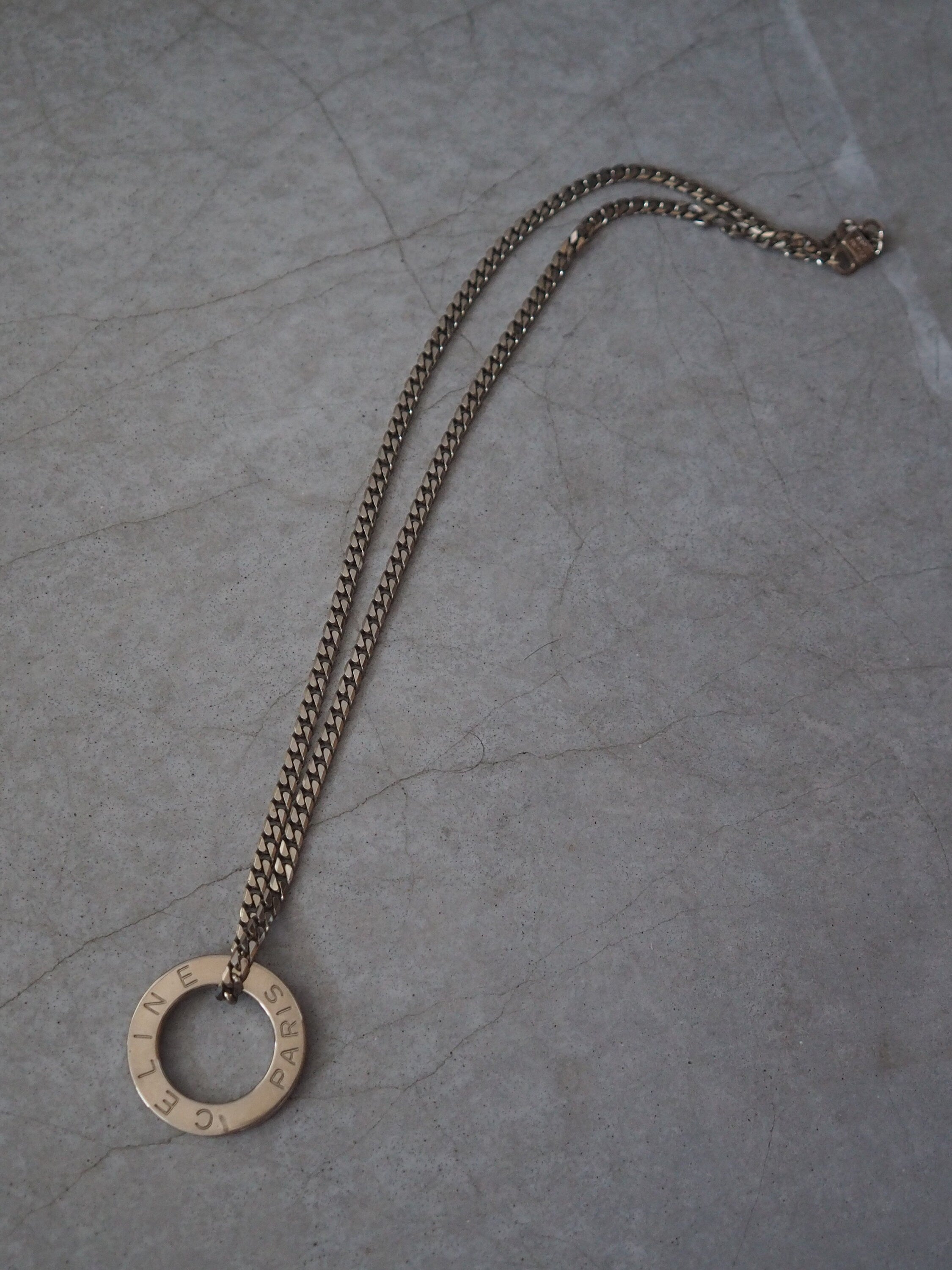 CELINE Circle Long Necklace Vintage Metal Silver Color Authentic