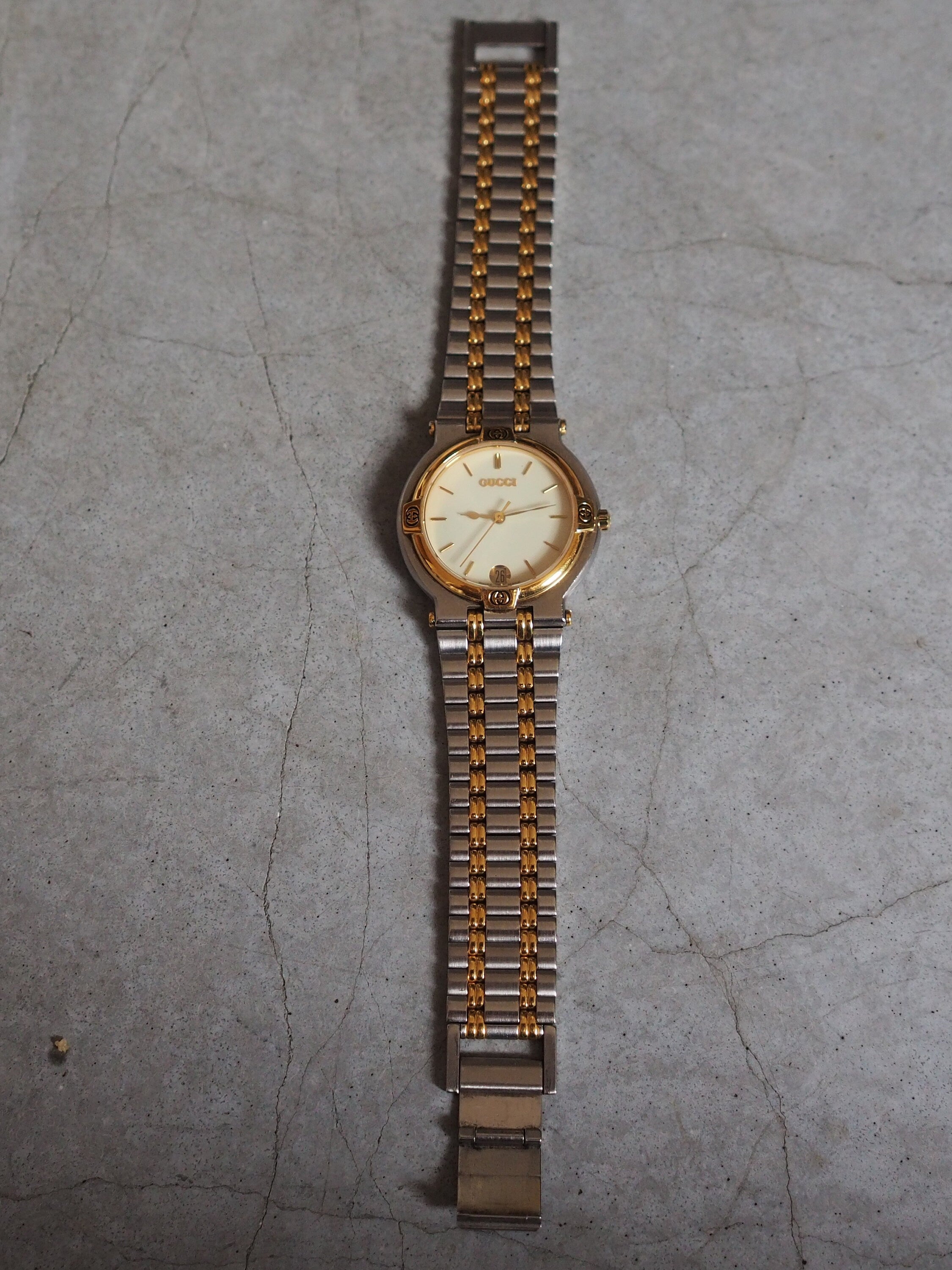 GUCCI Watch Wristwatch Unisex GG Gold Silver Metal Old Vintage Authentic