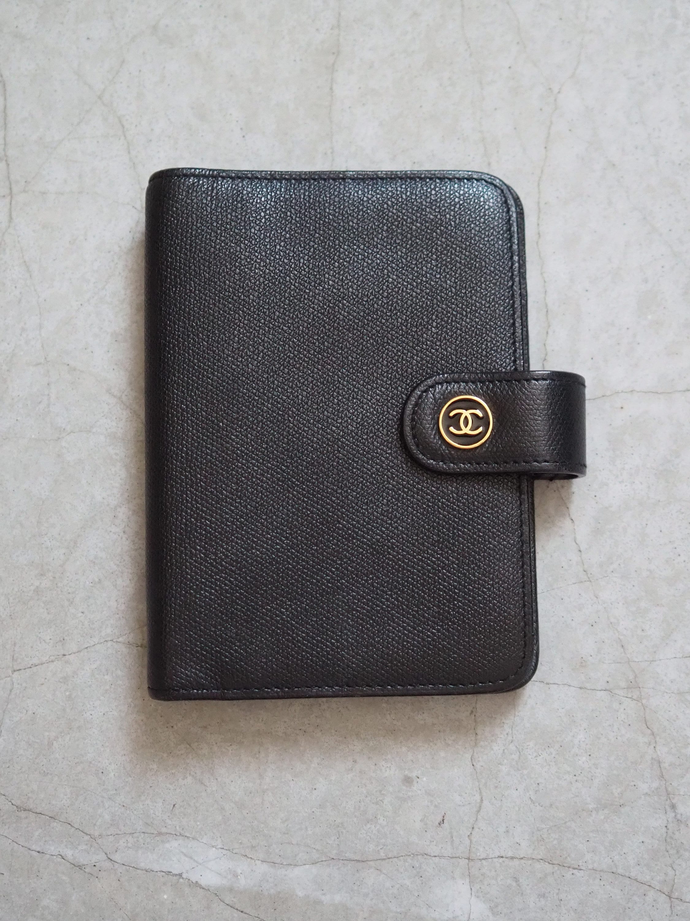 CHANEL CC Logo Button Agenda Leather 6 Ring Diary Black Vintage Authentic