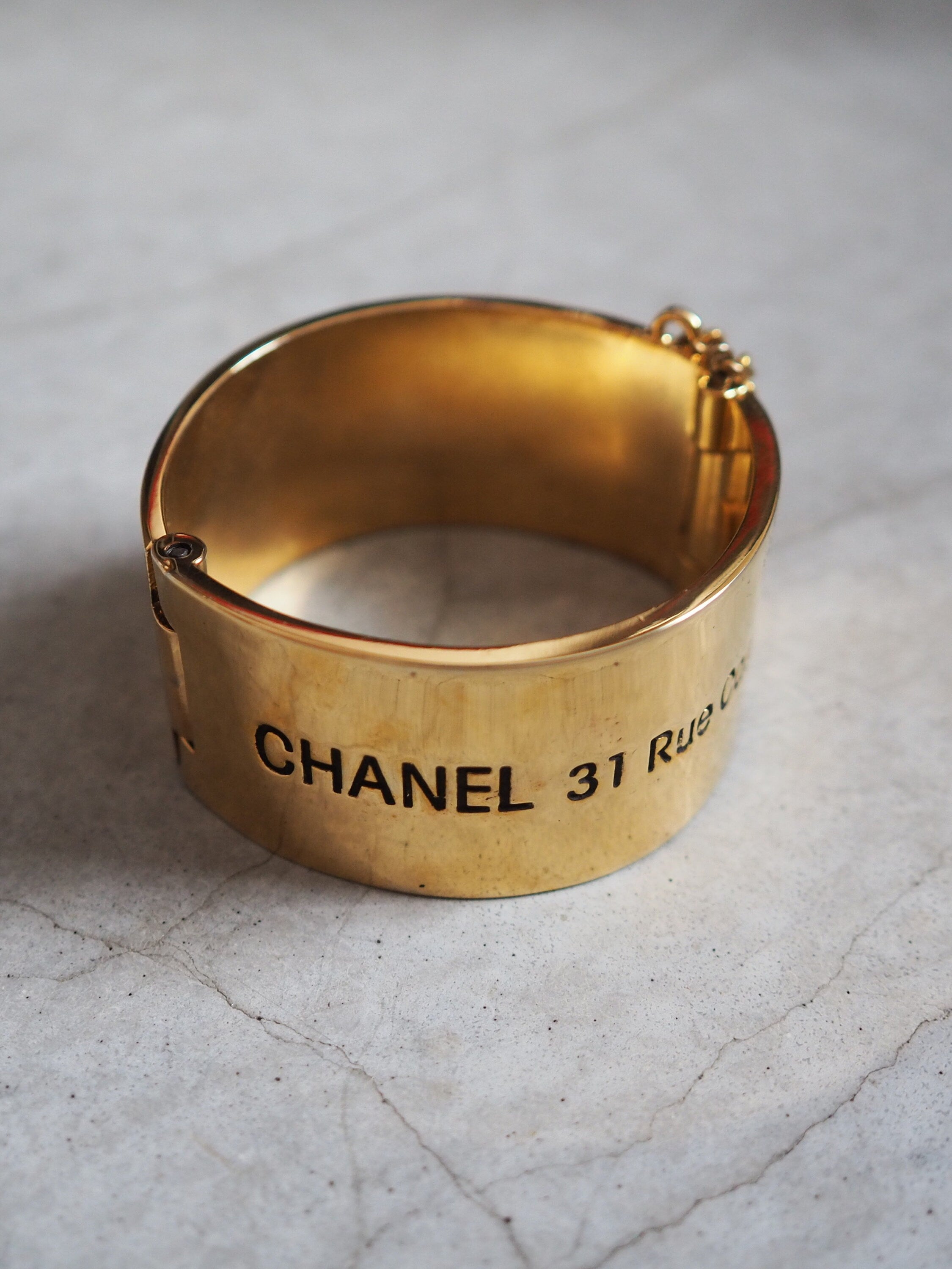 CHANEL Telephone Bracelet Bangle Vintage Metal Gold Color Authentic