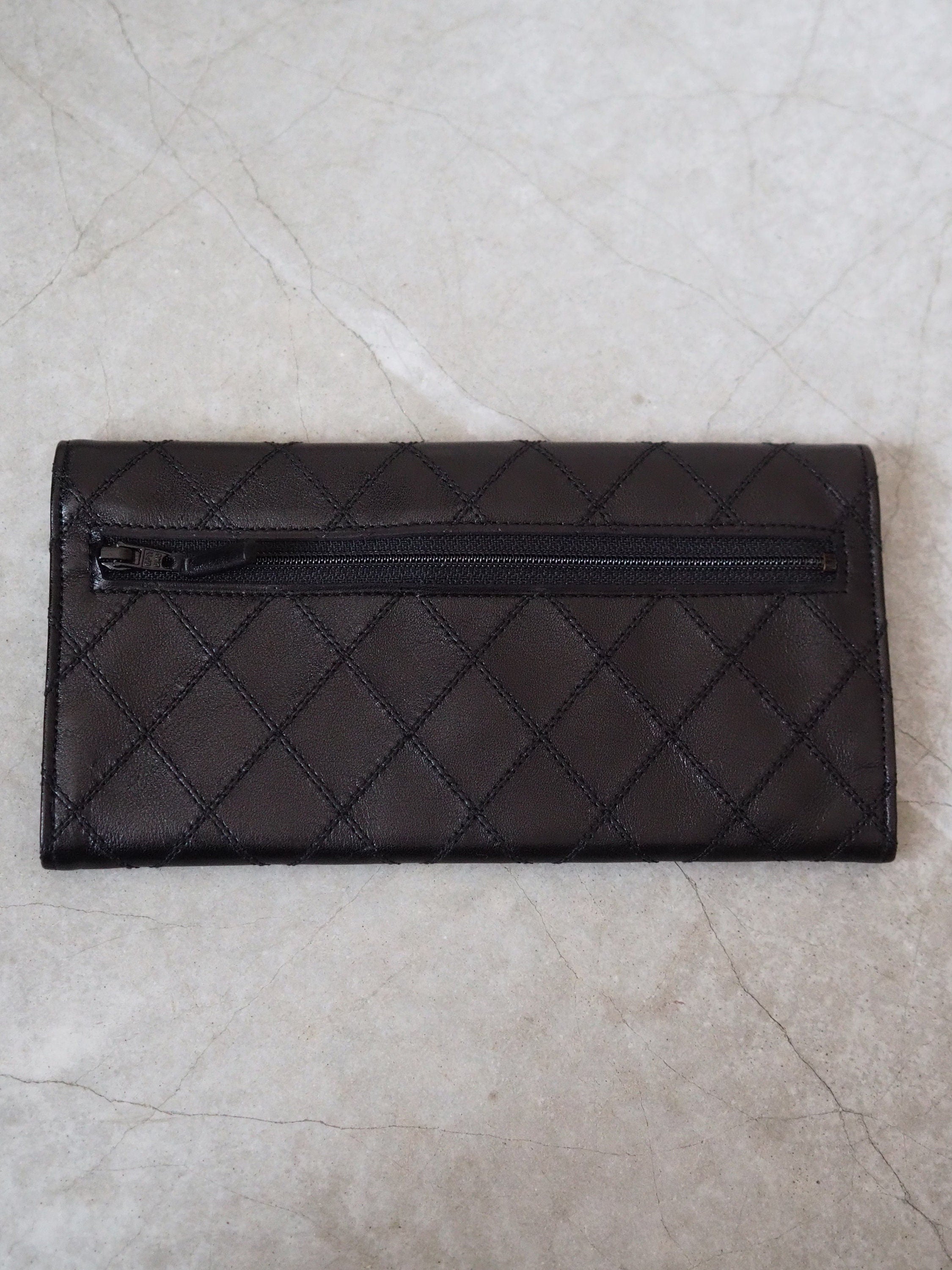 CHANEL COCO Long Wallet Purse CC Wild Stitch Leather Black Authentic Vintage Box