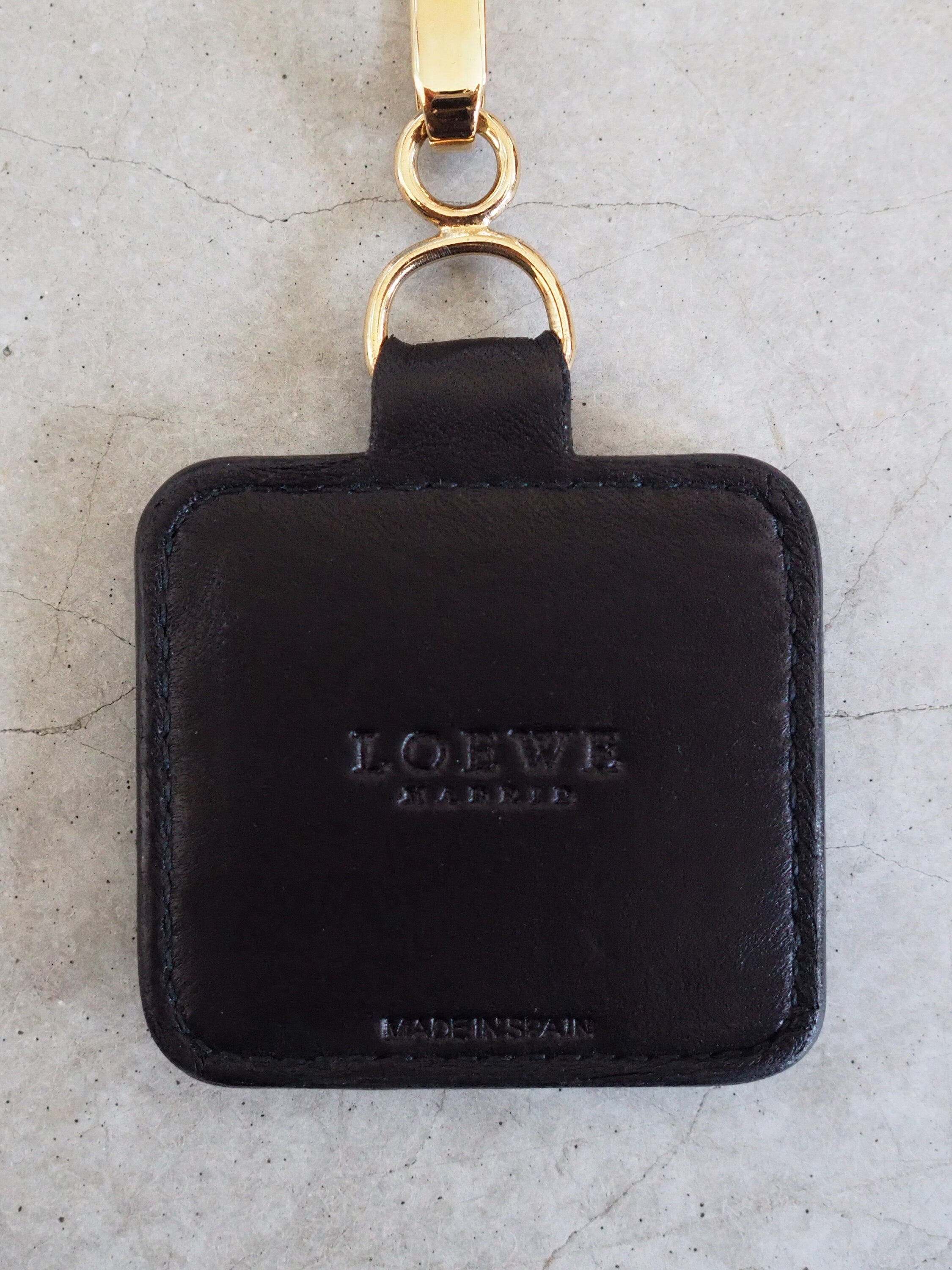 LOEWE Key Charm Chain Holder Gold Metal Black Leather Vintage Authentic