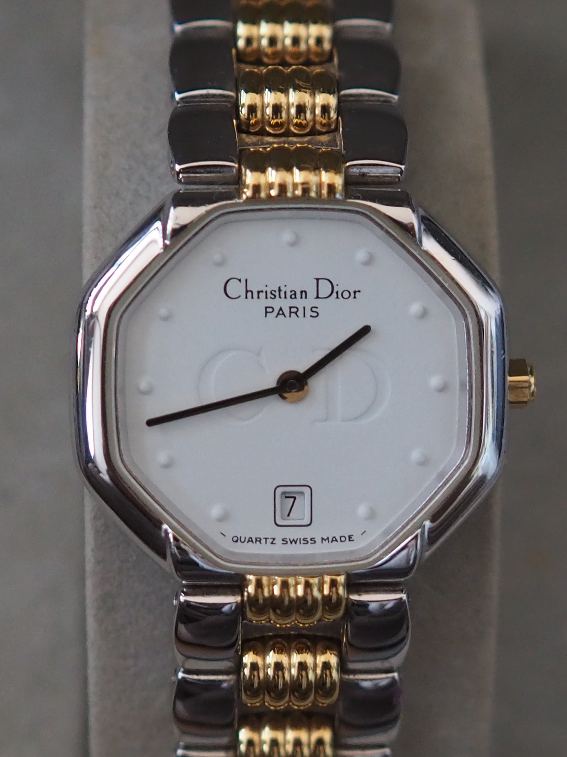 Christian Dior Octagon Watch Gold Silver Metal Quartz Wristwatch Ladies