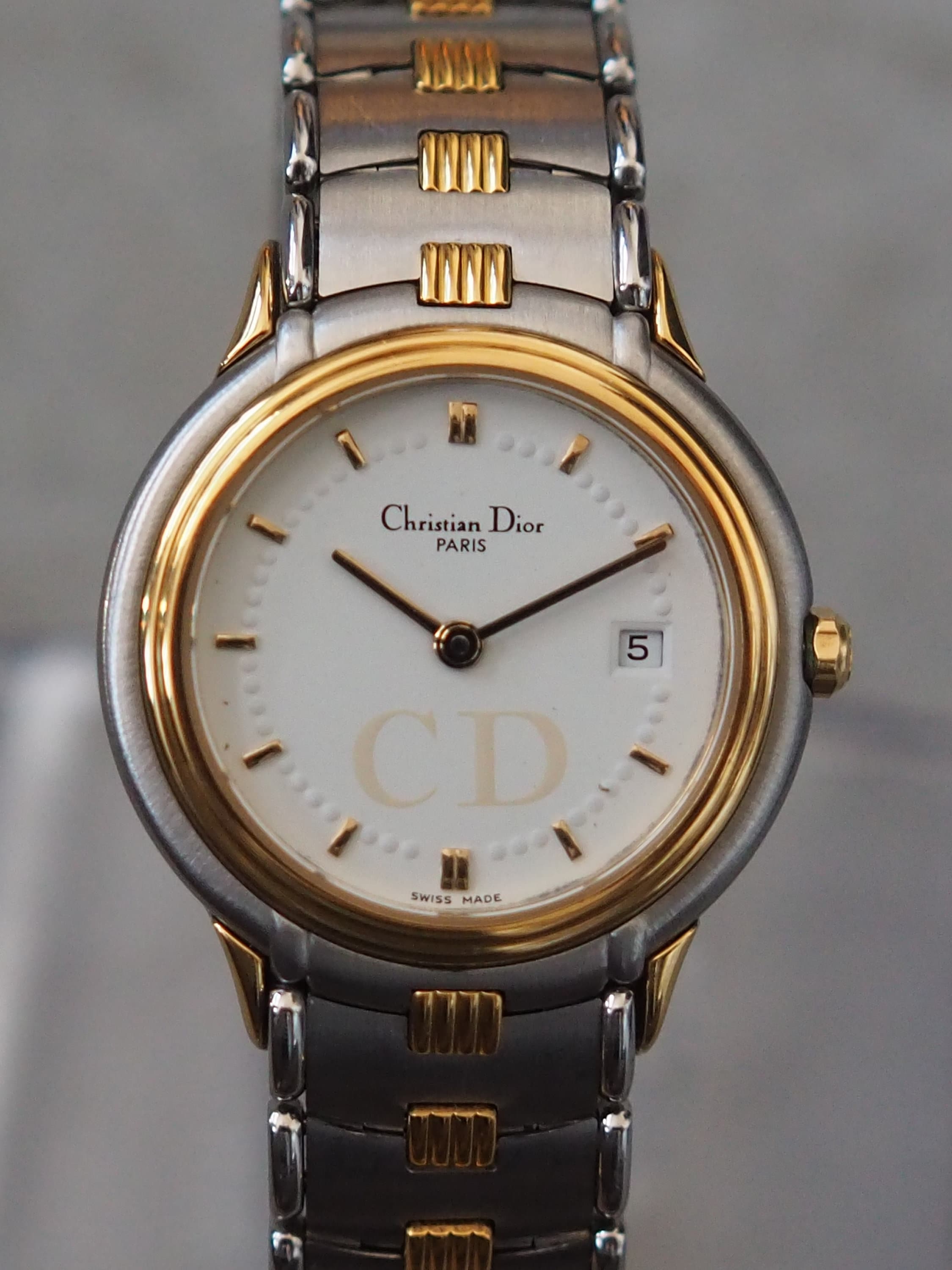 Christian Dior Round Watch Gold Silver Metal Quartz Wristwatch Ladies
