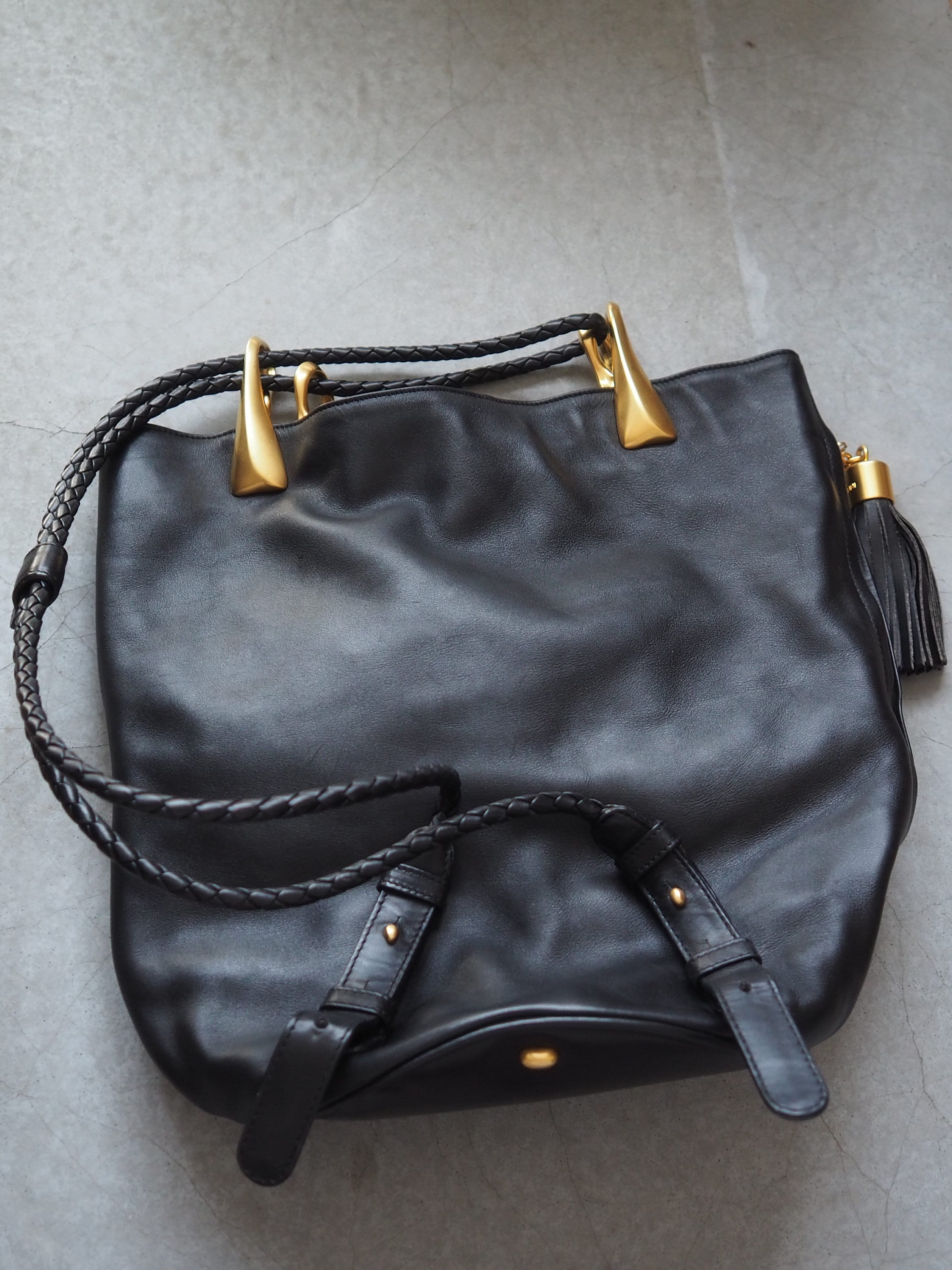 CELINE Backpack One ShoulderBag Black Leather Gold Metal Authentic Vintage Classical