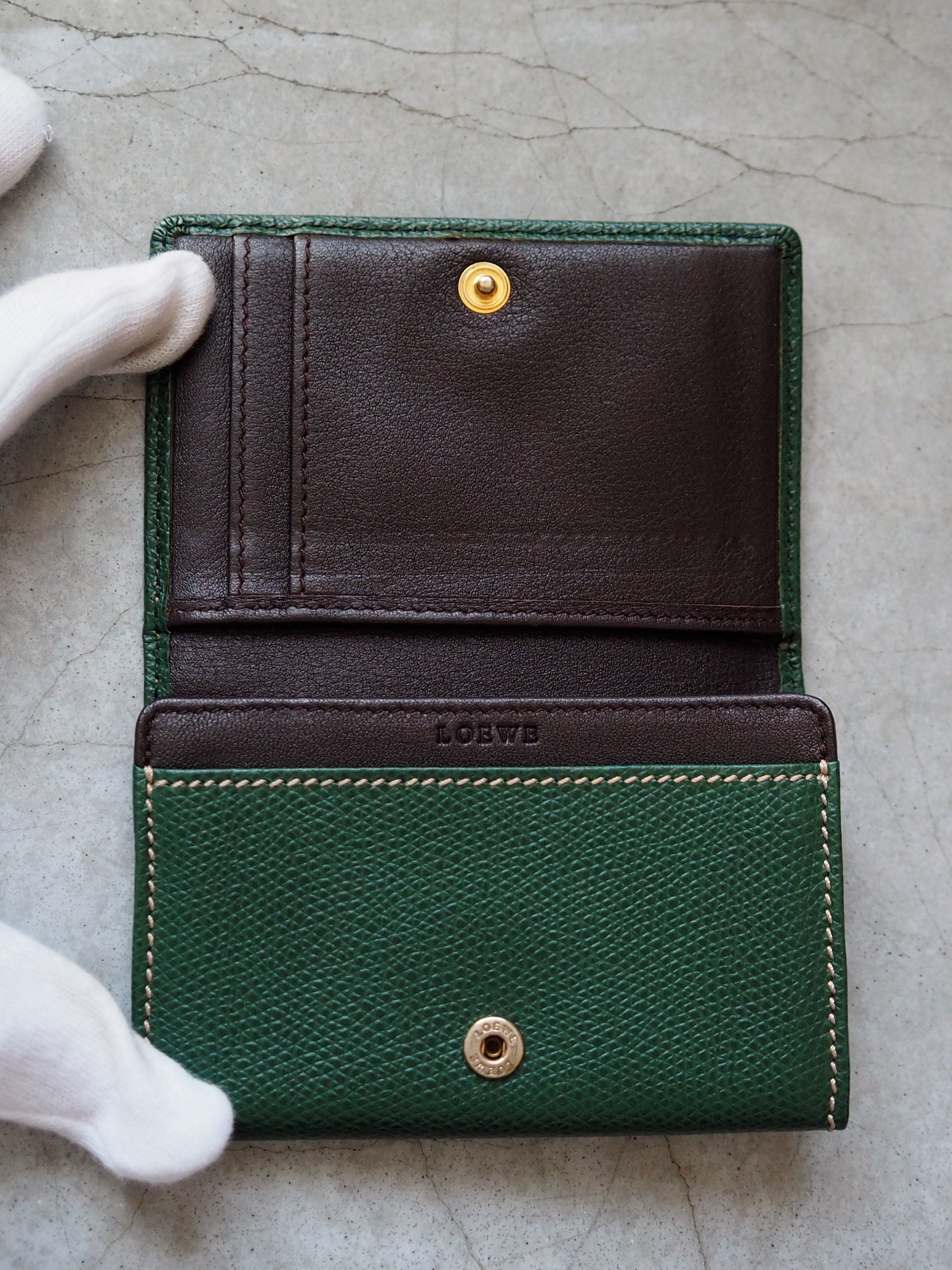 LOEWE Anagram Card Case Purse Green Leather Vintage Authentic