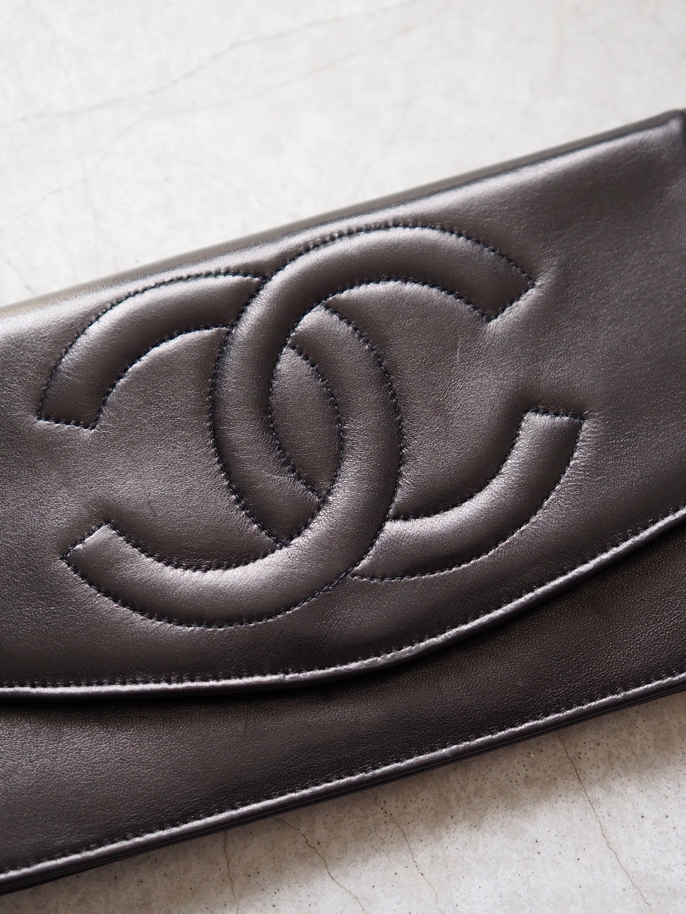 CHANEL COCO Long Wallet Purse CC Leather Black Authentic Vintage Box
