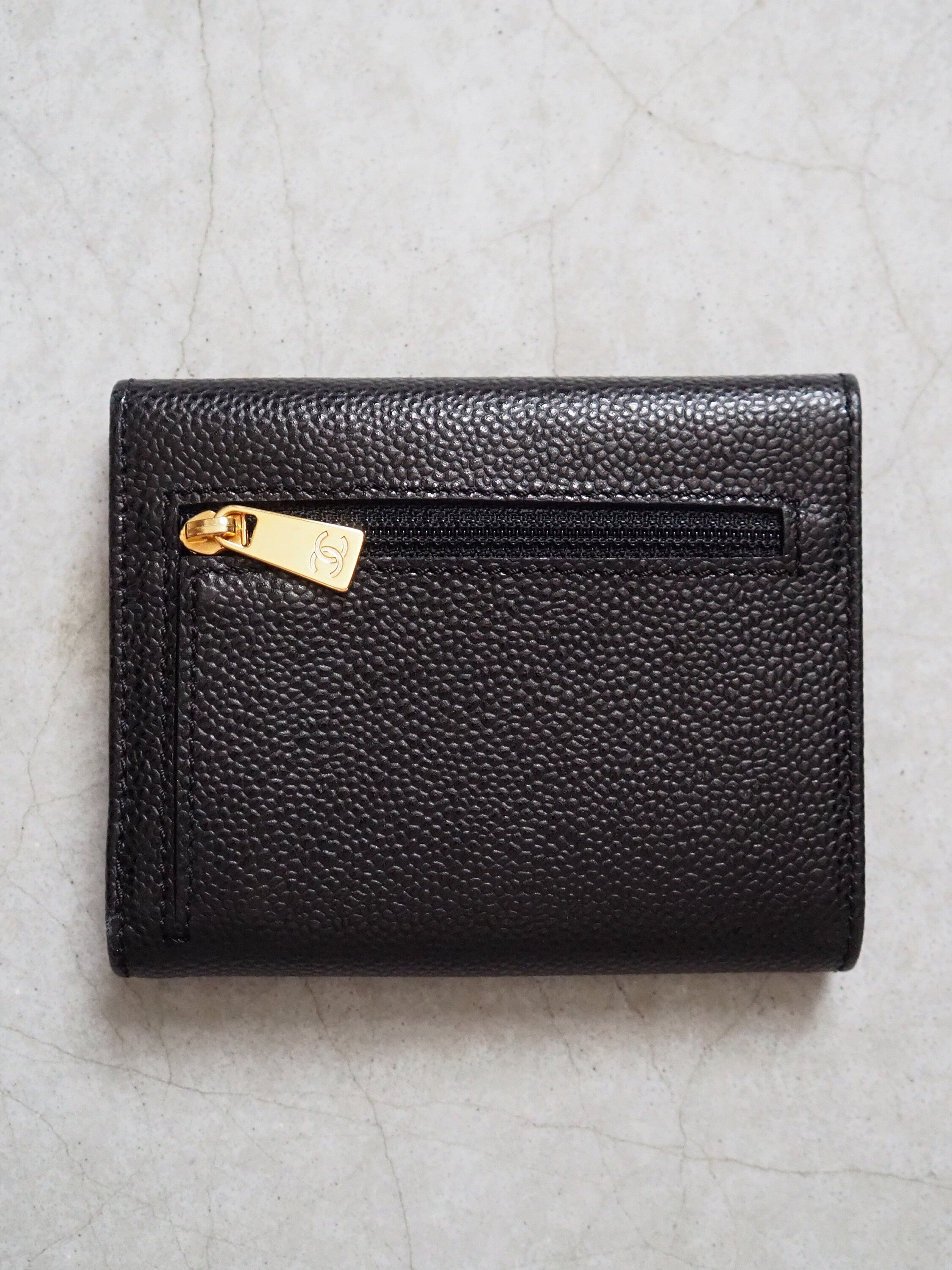 CHANEL COCO Tri-fold Wallet Purse Caviar Skin Leather Black Authentic Vintage Box
