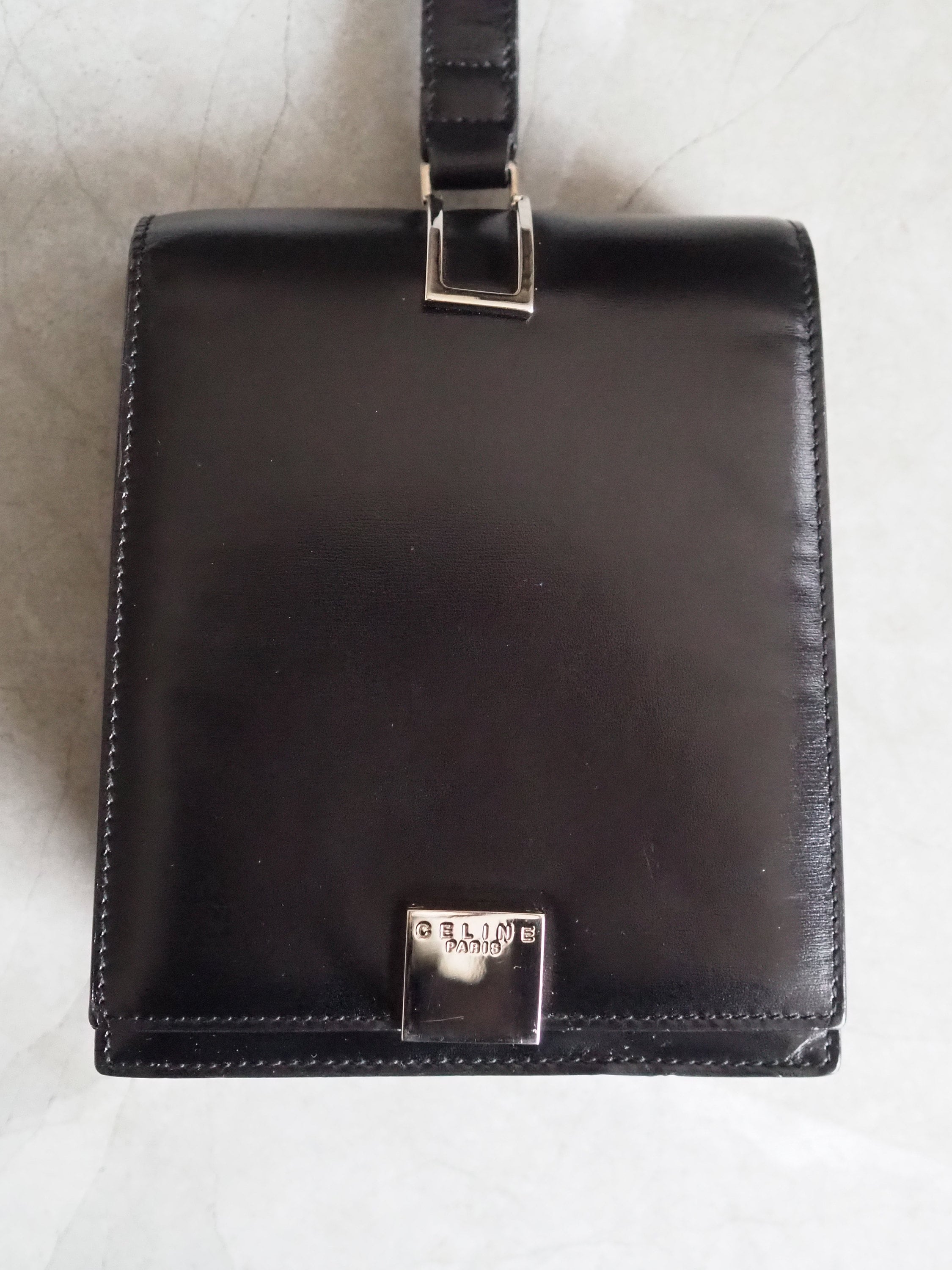 CELINE Logo Mini Hand Bag Black Silver Leather Vintage Authentic