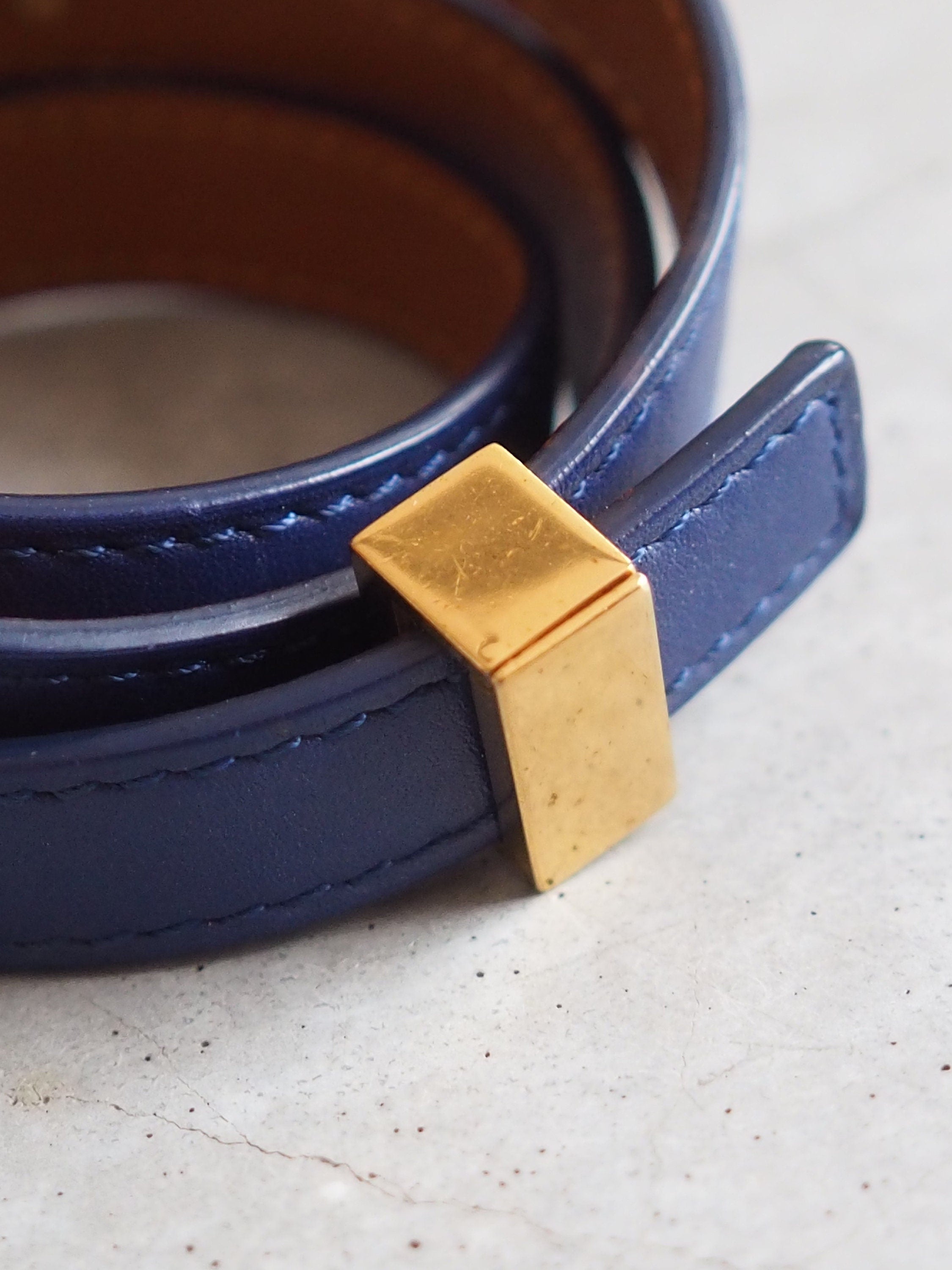 CELINE Bracelet Bangle Leather Blue Gold Color Vintage Authentic