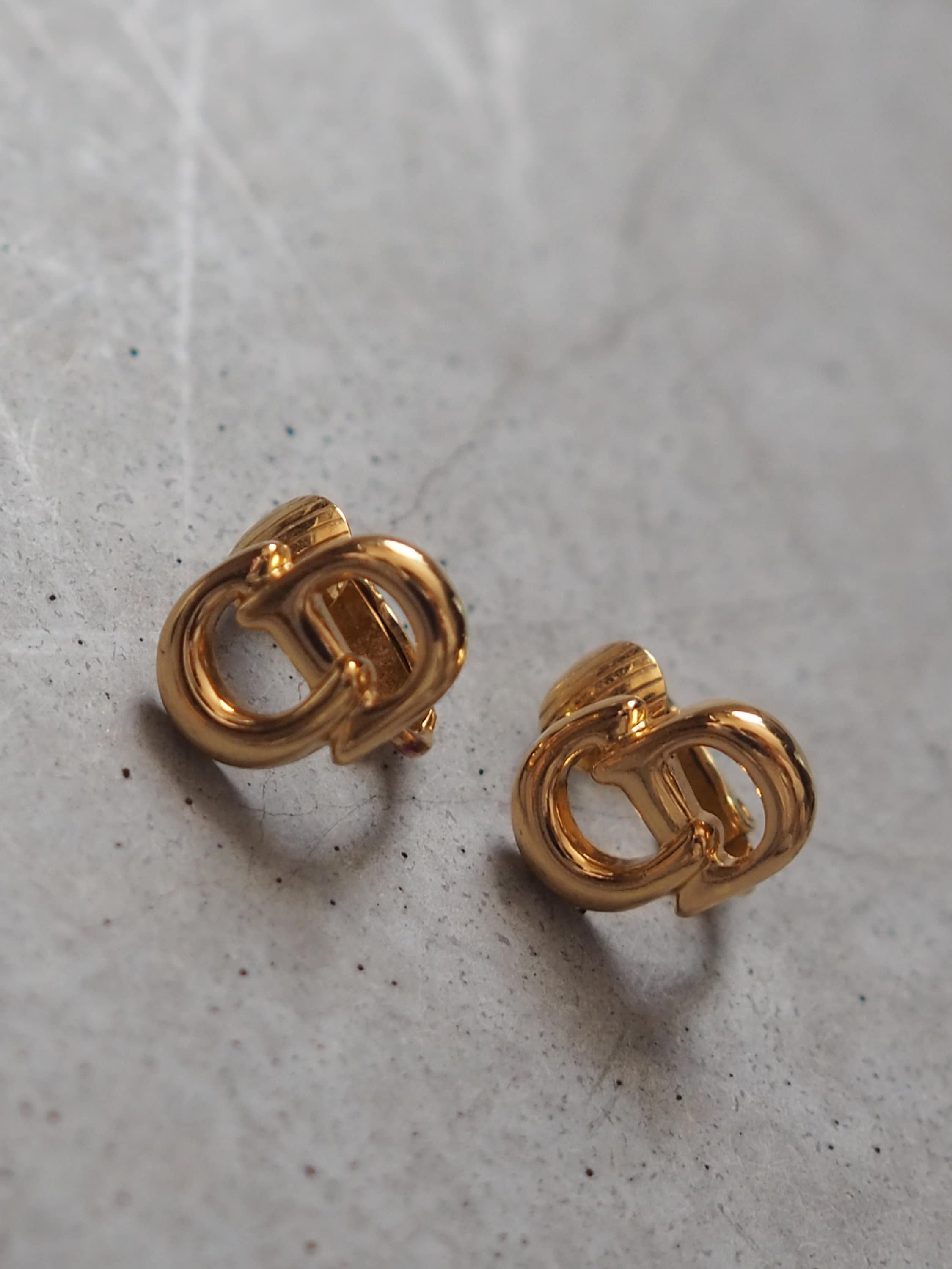 Christian Dior Earrings CD Logo Vintage Metal Gold Authentic