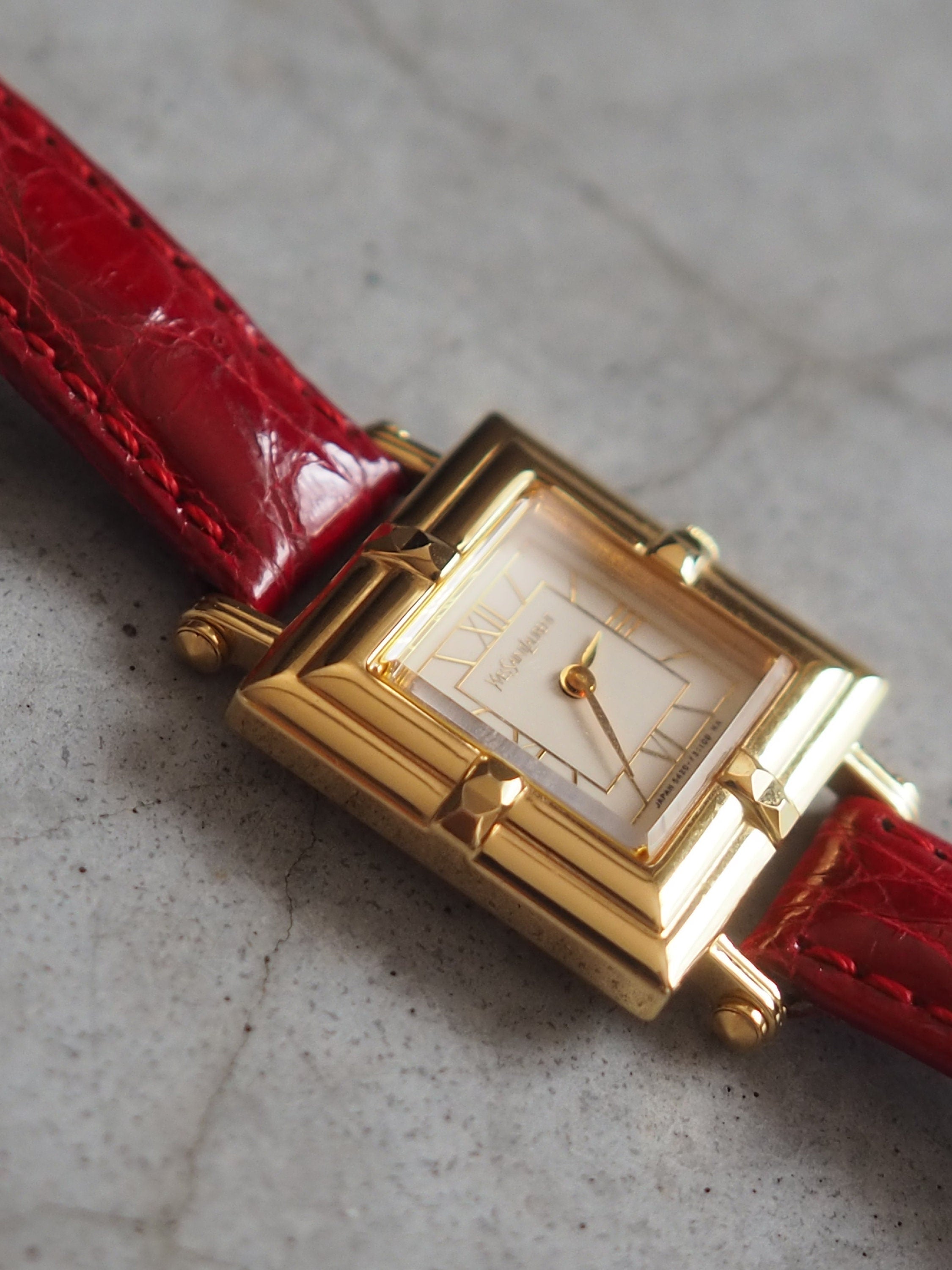 Yves Saint Laurent YSL Square Watch Wristwatch Logo Gold color Stainless steel Leather Authentic