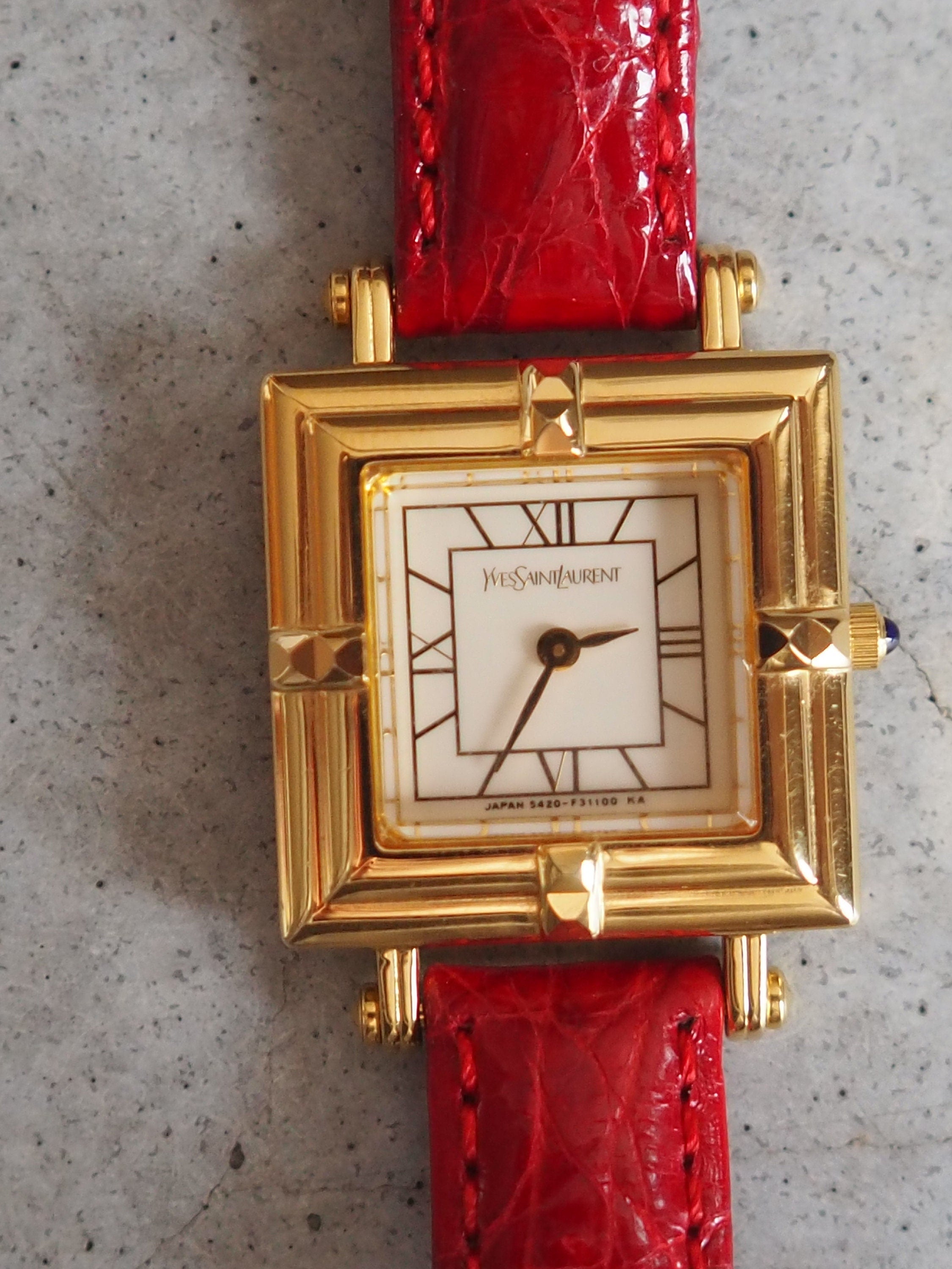 Yves Saint Laurent YSL Square Watch Wristwatch Logo Gold color Stainless steel Leather Authentic